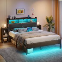 Rolanstar Bed Frame Queen Size with Bookcase Storage Headboard, Slide Out Bedside Storage, Bed with Charging Station & LED Lights, Heavy Duty Metal Slats, No Box Spring Needed, Noise Free, Black - Image 2