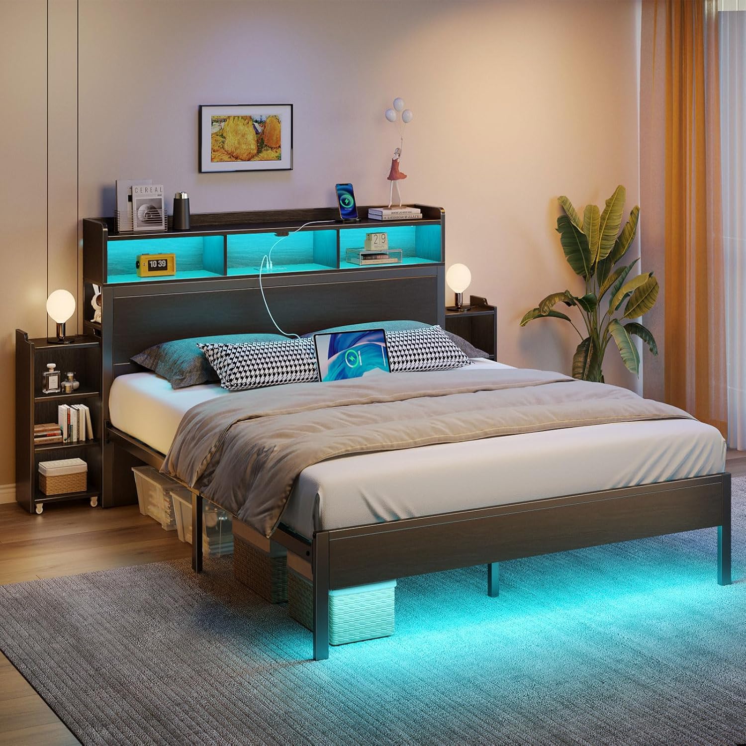 Rolanstar Bed Frame Queen Size with Bookcase Storage Headboard, Slide Out Bedside Storage, Bed with Charging Station & LED Lights, Heavy Duty Metal Slats, No Box Spring Needed, Noise Free, Black - Image 2