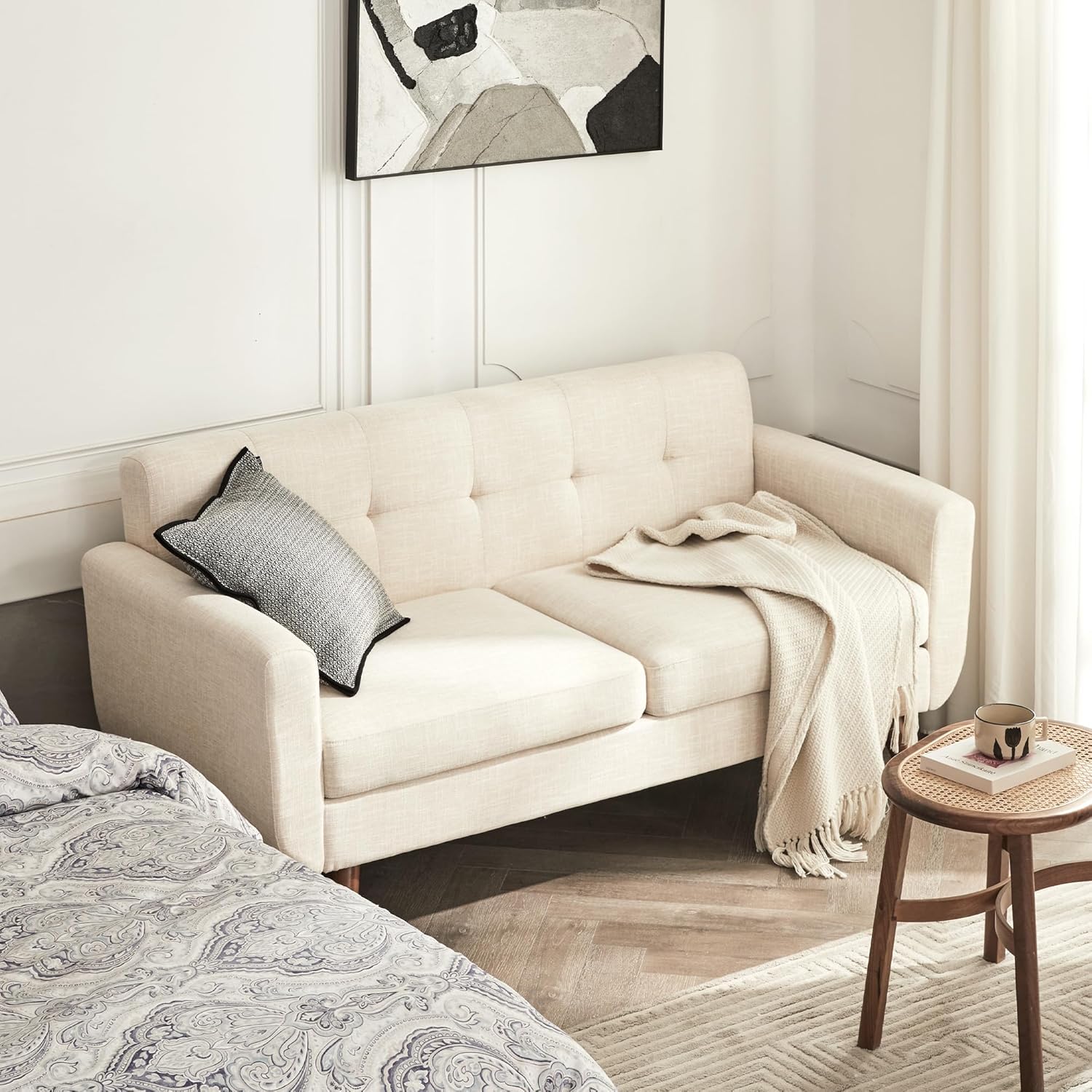 Tbfit 65" W Loveseat Sofa, Mid Century Modern Decor Love Seat Couches for Living Room, Button Tufted Upholstered Small Couch for Bedroom, Solid and Easy to Install Love Seats Furniture, Beige - Image 9