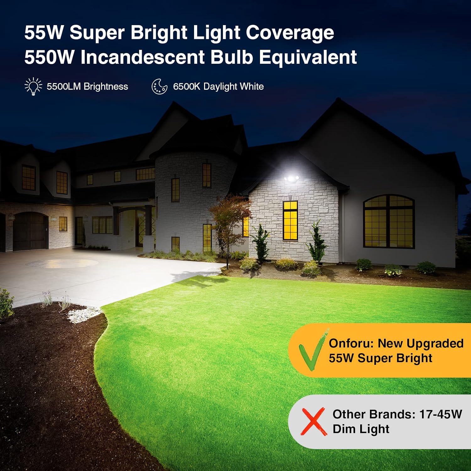 Onforu 55W LED Dusk to Dawn Flood Lights, 6000LM Black Exterior Security Outdoor Lighting,IP65 Waterproof Outdoor 3 Adjustable Heads Photocell Light Fixture,6500K Floodlight for Garage,Patio,Yard - Image 6