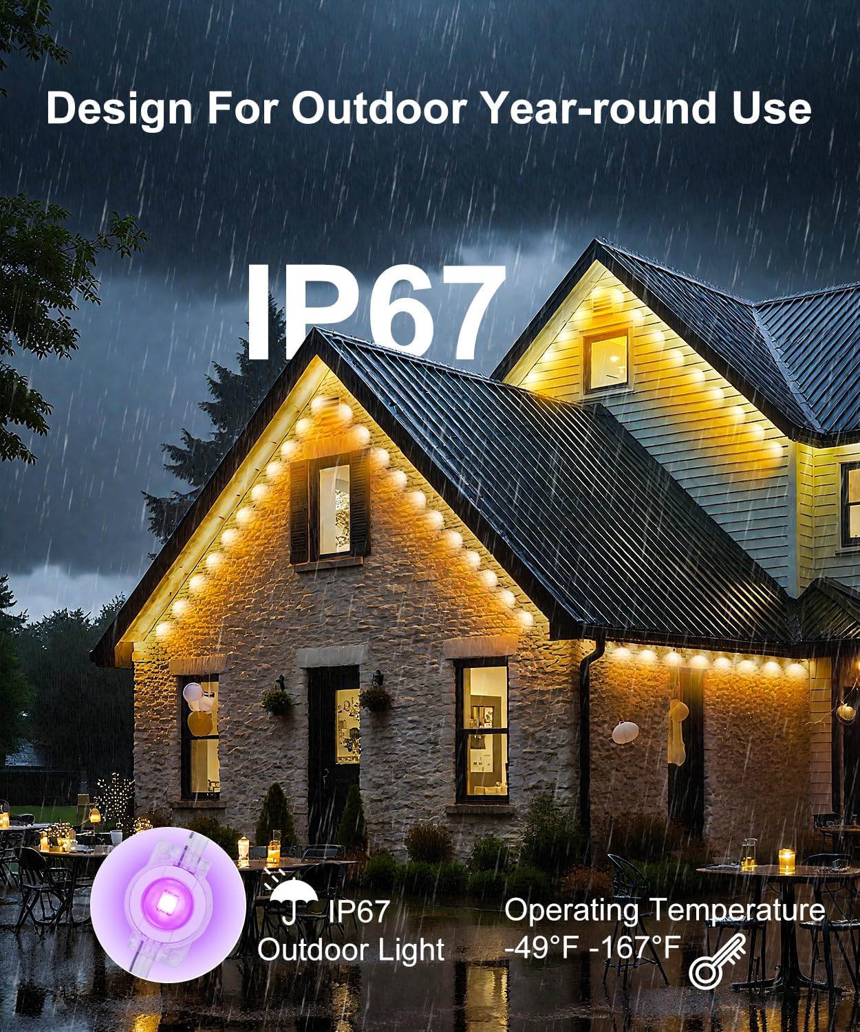 150Ft Permanent Outdoor Lights,Smart RGB Outdoor Lights with Remote APP Control, IP67 Waterproof Outside Light for House for Christmas, Halloween, Holiday, Party, Daily - Image 5