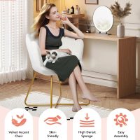 CLATINA Modern Velvet Make Up Vanity Chair, Flower Shaped Back Accent Chair Armchair with Gold Metal Legs, Cute Girl Criss Cross Chair No Wheels for Home Office Bedroom Dressing Living Room, White - Image 7