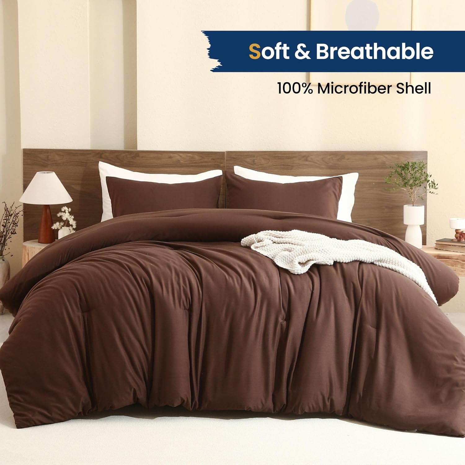 Paxrac Earthy Brown Comforter Queen Size, Neutral 3 Pieces Comforter Set, Lightweight Solid Bedding Set, All Seasons Soft Fluffy Queen Comforter Set (90x90In Comforter & 2 Pillowcases) - Image 2