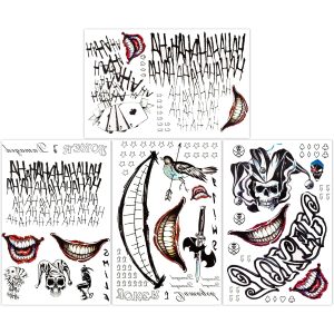 4 Sheets Joker Tattoos, BASUWU Large-Size Waterproof Halloween Fake Tattoos - All Versions - Look Real and Last Long, Perfect for Men Women Halloween Cosplay Masquerade Party Makeup (Joker, 4PCS)