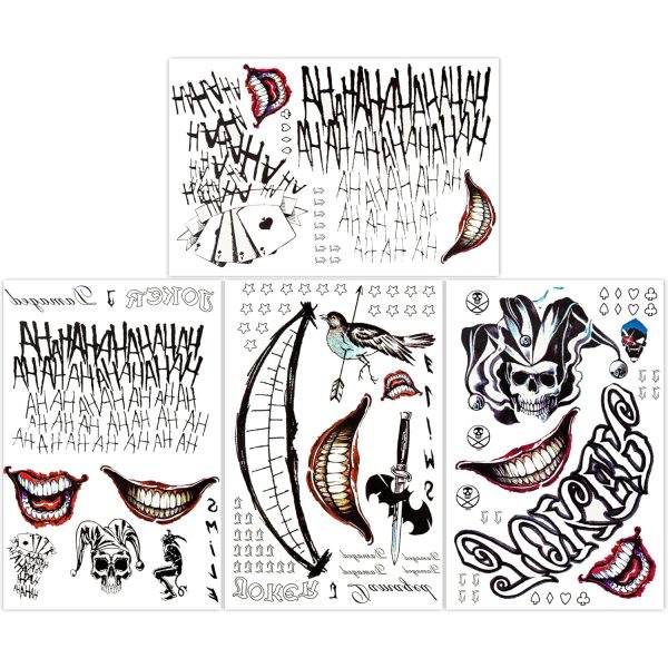 4 Sheets Joker Tattoos, BASUWU Large-Size Waterproof Halloween Fake Tattoos - All Versions - Look Real and Last Long, Perfect for Men Women Halloween Cosplay Masquerade Party Makeup (Joker, 4PCS)