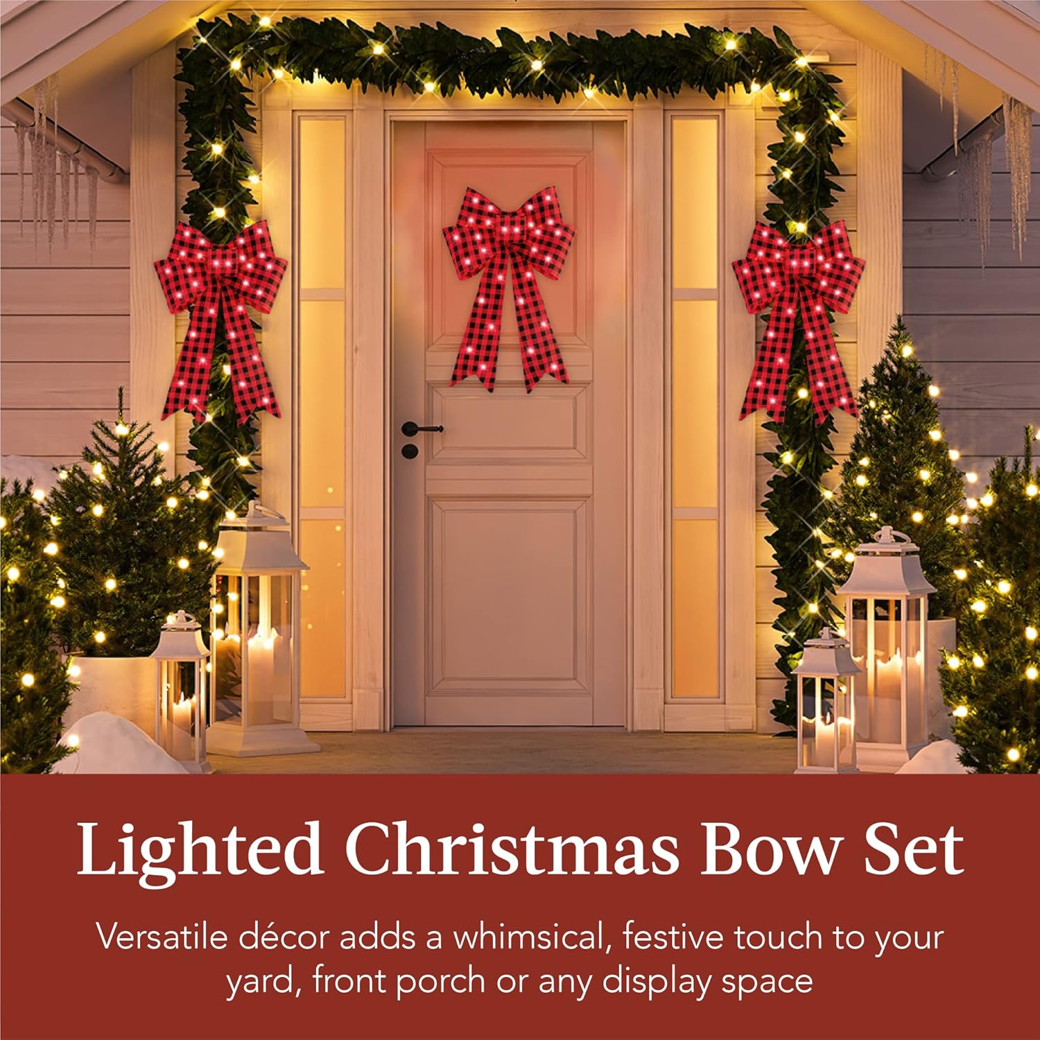 Best Choice Products Set of 3 Bows Pre-Lit Christmas Bow Decoration, Indoor/Outdoor LED Holiday Décor w/ 30 Lights, Outdoor Battery Box, Timer, 8 Light Functions - Red/Black Buffalo Plaid - Image 2