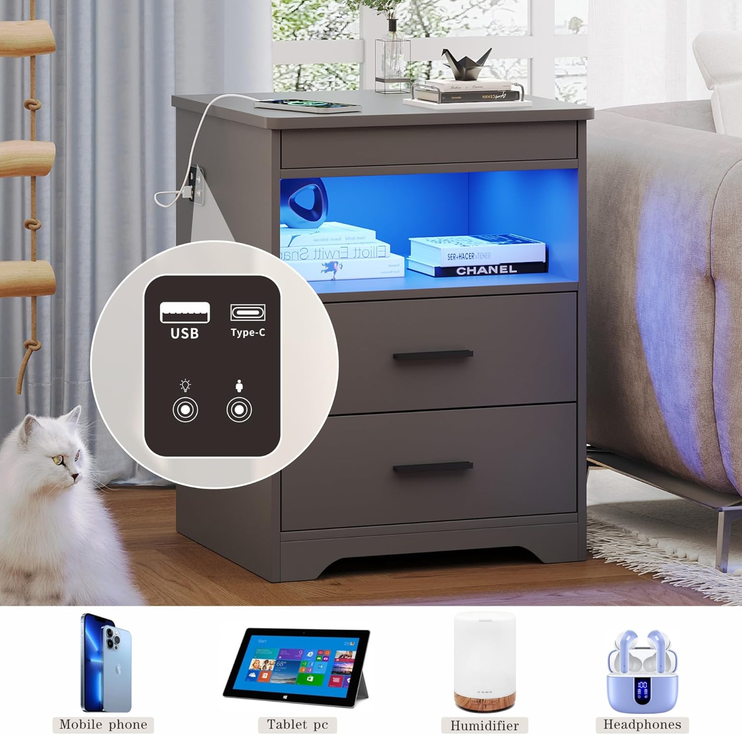 Nightstand with Gun Drawer, Charging Bedside Table with USB & Type-C Port, LED Night Stand with Human Sensor Light, Modern End Table with Drawers for Bedroom Office, Grey - Image 6