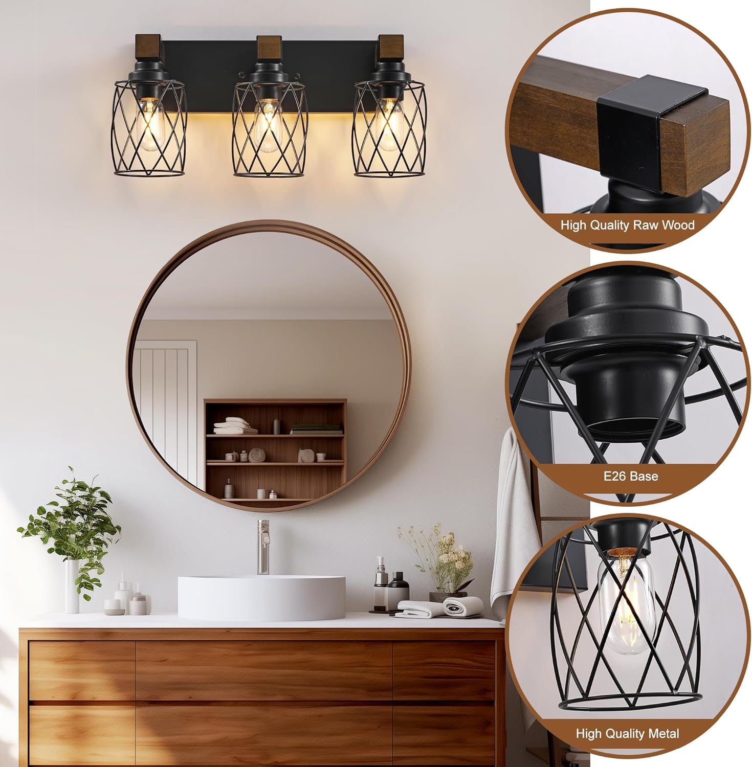 Farmhouse Bathroom Vanity Light, 3-Light Wood Bathroom Light Fixtures Over Mirror, Black Industrial Vanity Lights with Metal Shade, Rustic Bathrooms Lighting for Living Room, Bedroom, Hallway - Image 3