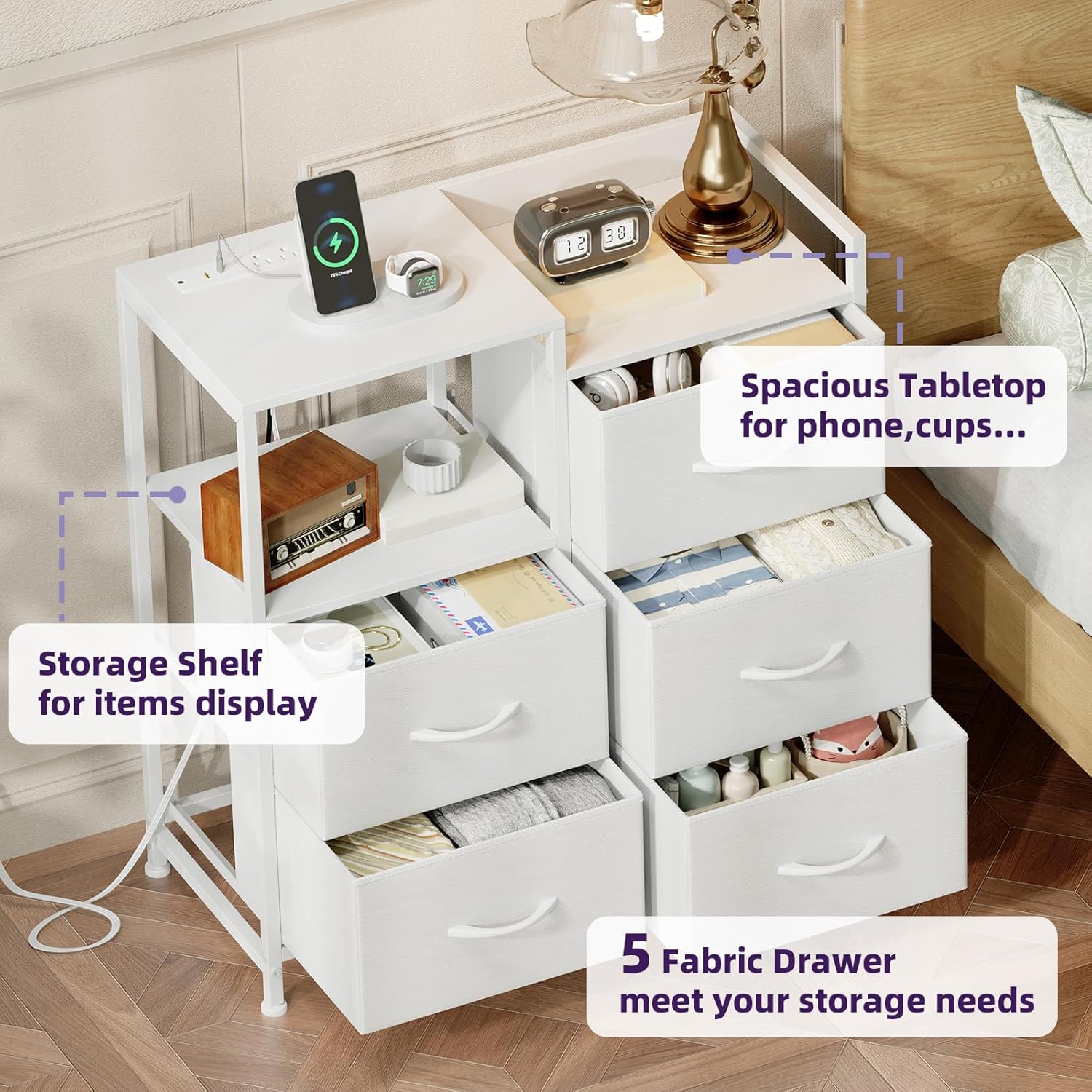 Somdot White Nightstand with Charging Station and LED Light, Wide 5 Drawers Dresser for Bedroom with Fabric Bins and Open Shelf for Bedroom Kids Closet Dorm Guest Room, White Leather - Image 6