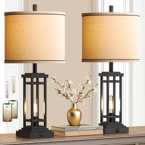 ROTTOGOON 27.5 Tall Farmhouse Table Lamps with USB C + USB A Charge Ports, Rustic Living Room Lamps Set of 2, Black Industrial End Table Lamp for Bedroom Living Room Nightstand (Black)