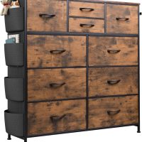 WLIVE Fabric Dresser for Bedroom with 10 Drawers, Chest of Drawers with Side Pockets and Hooks, Sturdy Metal Frame, Drawers Organizer Unit for Living Room, Hallway, Rustic Brown Wood Grain Print - Image 9