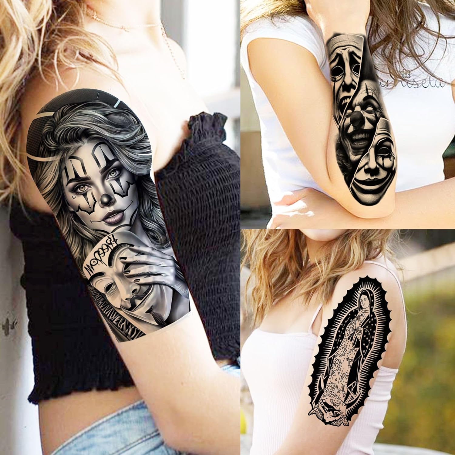 73 Sheets Halloween Chicano Temporary Tattoos For Women Men Adults Cholo Chola, Our Lady of Guadalupe Tattoo Stickers Religion, Chicana Gangster Prisoner Mexico Culture Joker Fake Tattoo Jesus Christ - Image 2