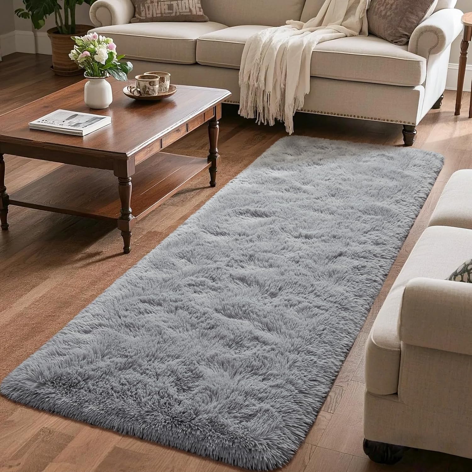 Runner Rug for Bedroom, 2x6 Soft Shag Fluffy Area Rugs for Girls Boy's Room, Plush Shaggy Carpet with Non-Slip Bottom for Living Room Dorm, Grey - Image 6