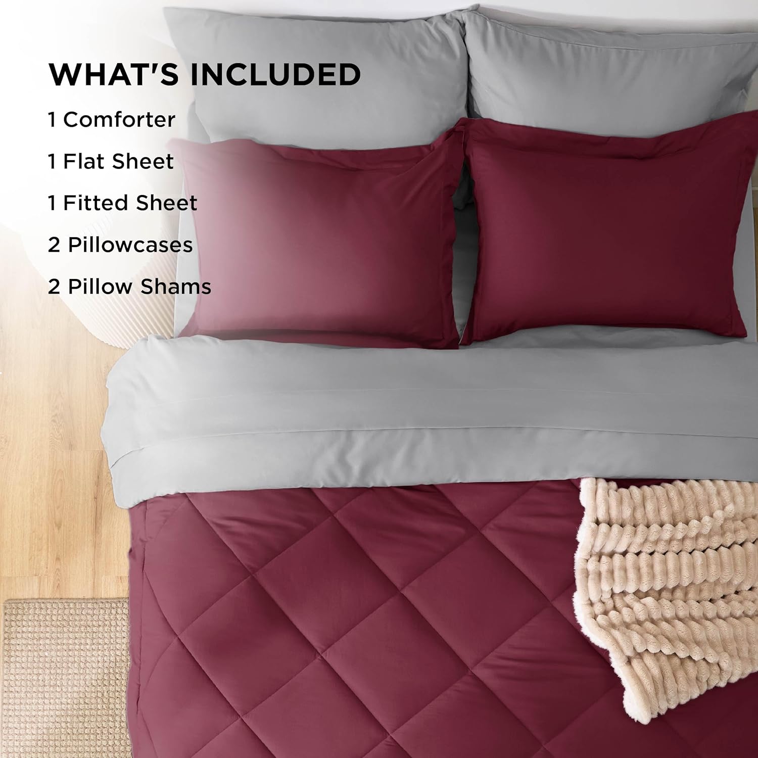 Bedsure Queen Comforter Set - 7 Pieces Reversible Burgundy Bedding, Queen Size Bed Set for All Seasons, Bed in a Bag with Down Alternative Comforter, Sheets, Pillowcases & Shams - Image 6