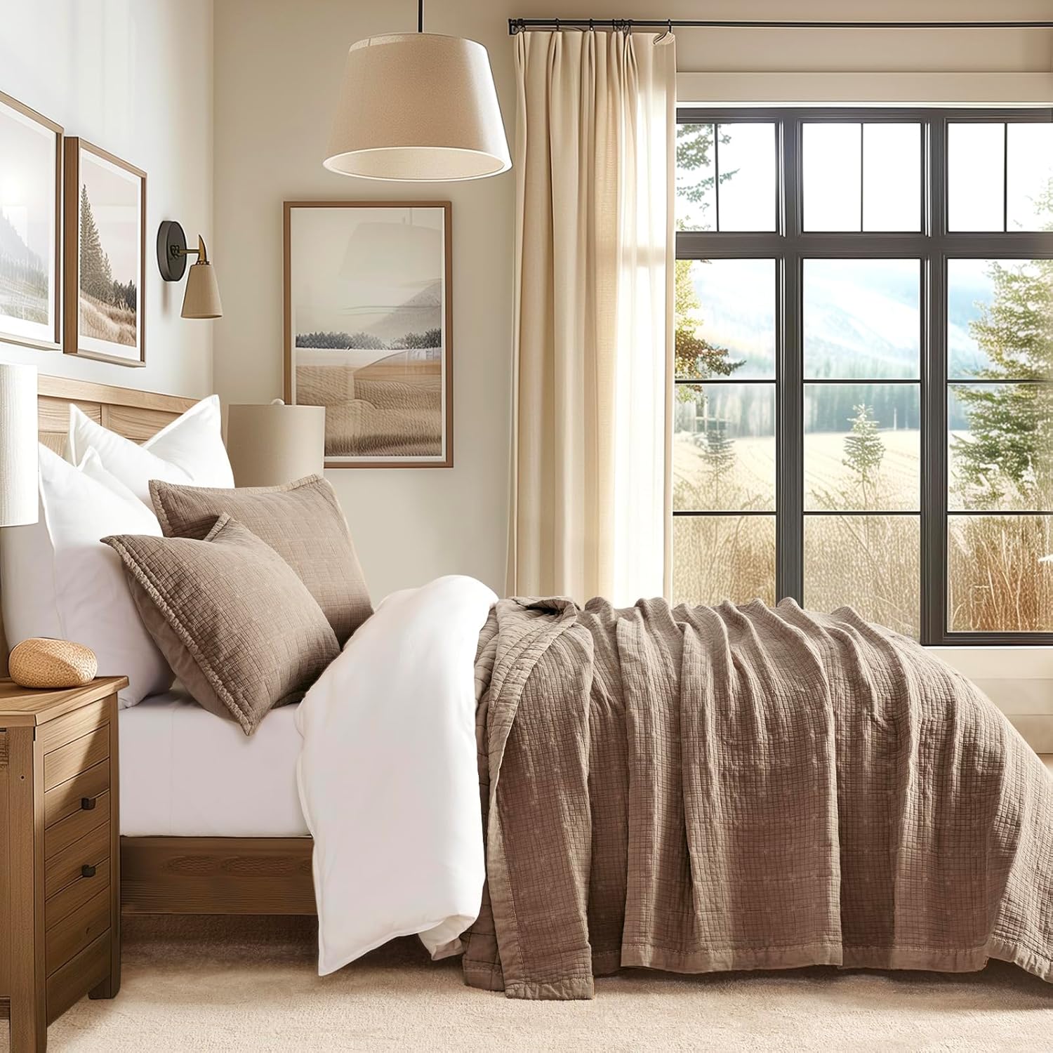 EVERGRACEHOME Stonewashed Cotton Quilt Set King Size, Ultra Soft Oversized Bedspread Coverlet Set, Lightweight Crinkle Box Stitch Bedding Sets for All Season, with 2 Shams, Mocha Brown