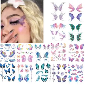 14 Sheets Glitter Butterfly Temporary Tattoos Sticker for Women Girls Eye Face Makeup Decoration, Flash Fairy Body Art Shiny Butterflies Waterproof Fake Tattoos for Festival Party Eye Decor
