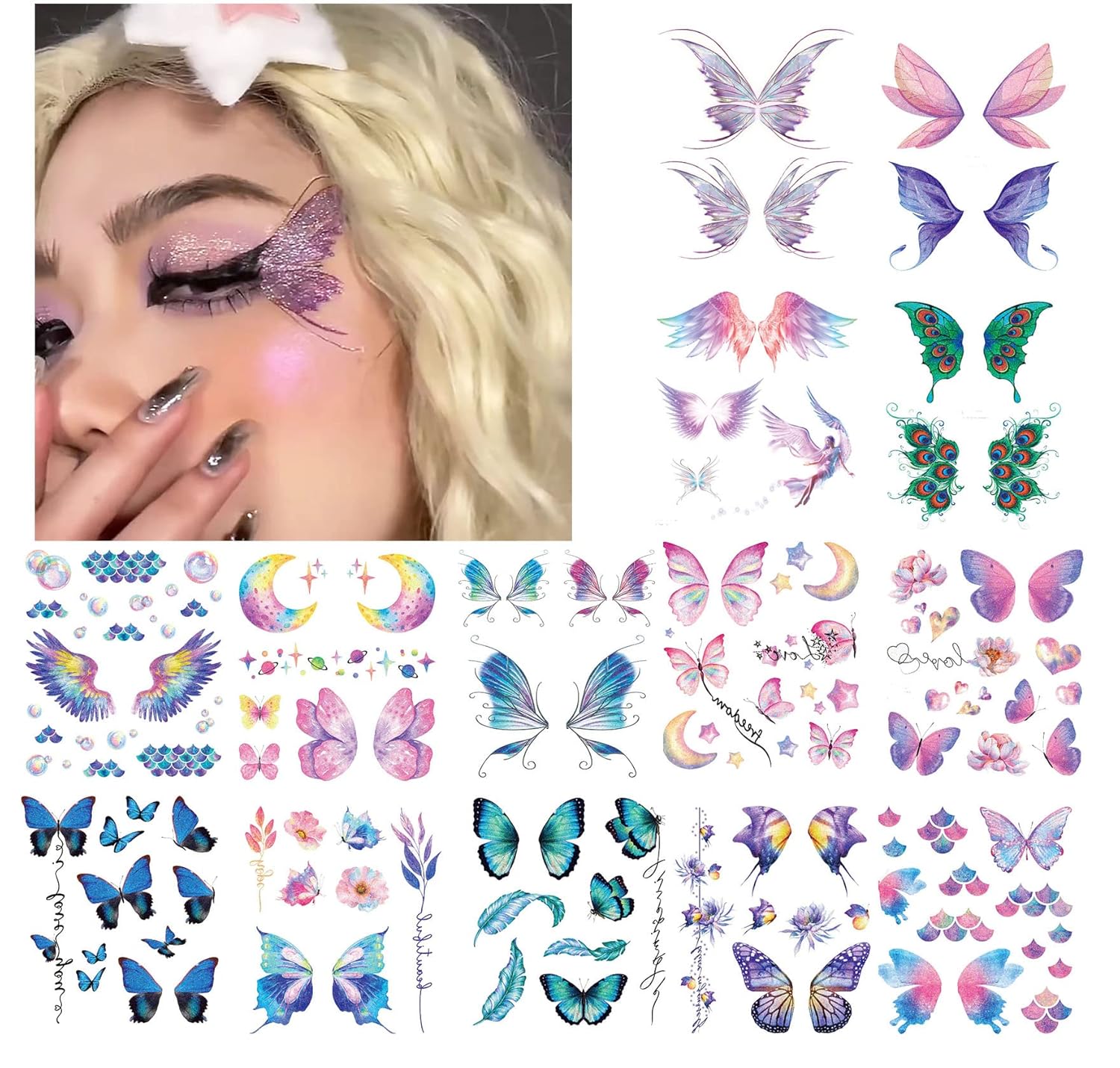 14 Sheets Glitter Butterfly Temporary Tattoos Sticker for Women Girls Eye Face Makeup Decoration, Flash Fairy Body Art Shiny Butterflies Waterproof Fake Tattoos for Festival Party Eye Decor
