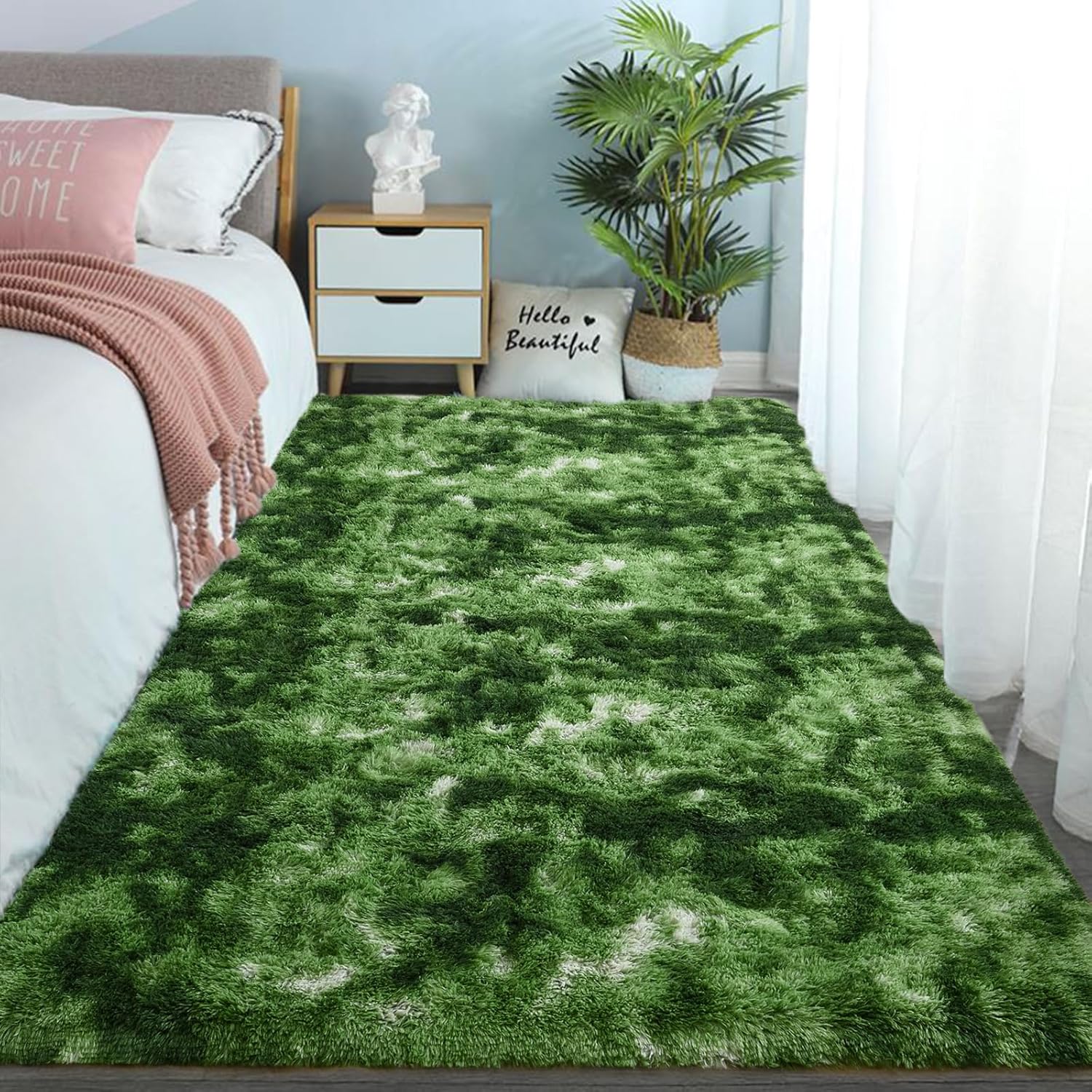 DweIke Fluffy Dark Green Rugs for Bedroom Living Room, 3x5 Feet Soft Plush Shaggy Tie-Dyed Forest Moss Green Girls Boys Kids Rug, Non-Slip and Machine Washable Carpet for Dorm Nursery Decor - Image 7