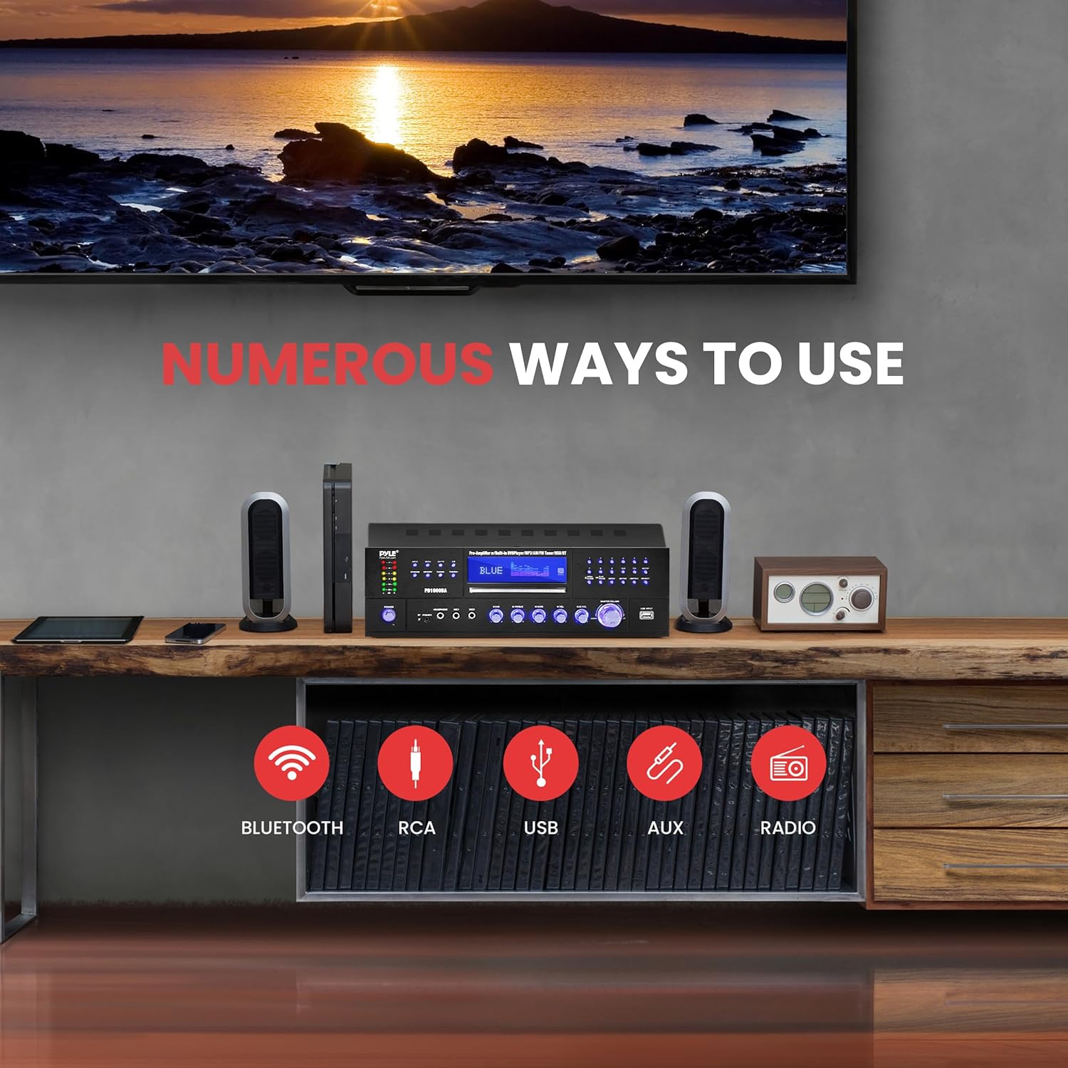 Pyle 4-Channel Wireless Bluetooth Power Amplifier - 1000W Stereo Speaker Home Audio Receiver w/ FM Radio, USB, Headphone, 2 Microphone w/ Echo, Front Loading CD DVD Player, LED, Rack Mount - PD1000BA - Image 3