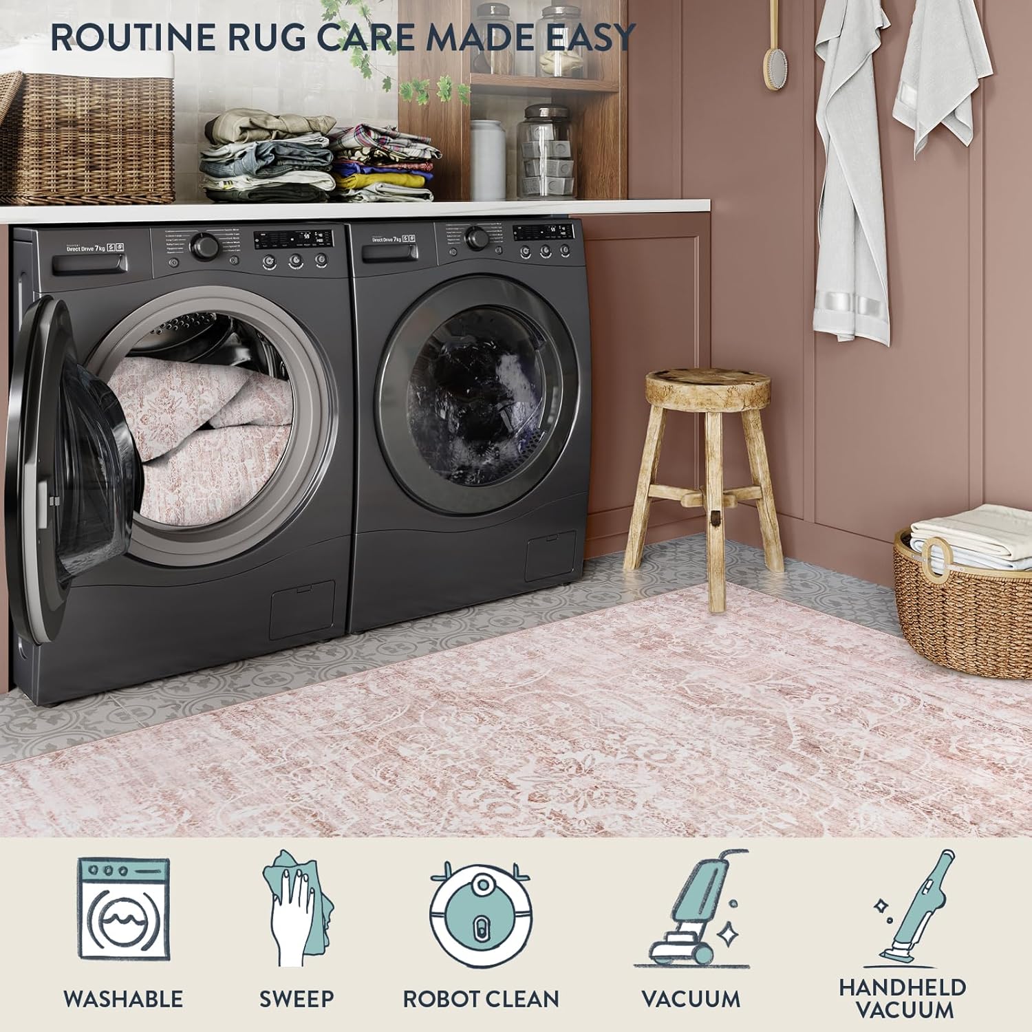 Lahome Pink Rugs for Bedroom Girls,Cute Nursery Rug Boho Area Rugs 5x7,Floral Living Room Rug Carpet Ultra-Thin Soft Washable, Kids Rugs for Playroom Baby Room Decor Dorm (Pink, 5'X7') - Image 6