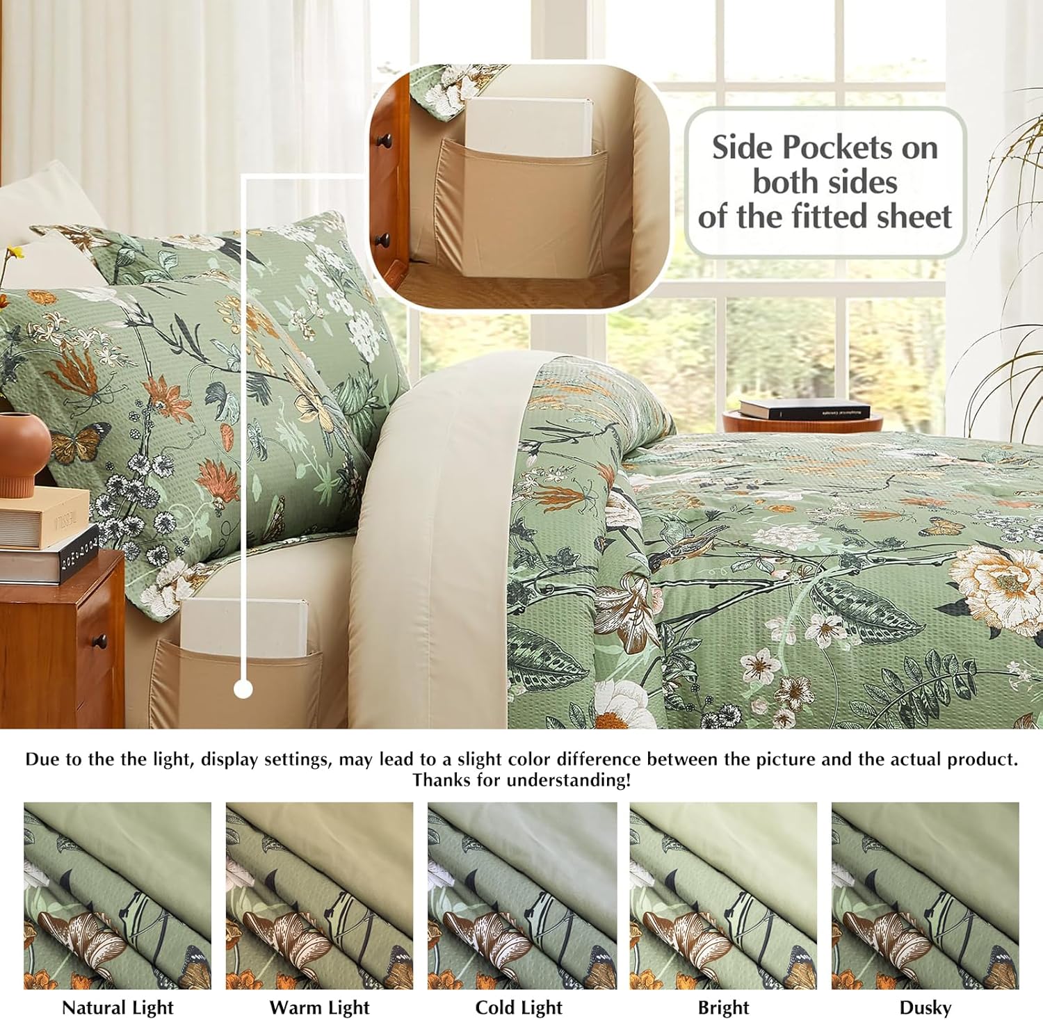 CASAAGUSTO King Size Comforter Set - 7 Pieces Green Floral Bedding Sets, King Bed in a Bag with Botanical Butterfly Comforter, Sheets, Pillowcases & Shams for All Seasons - Image 4
