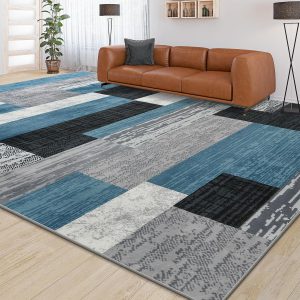 Large Area Rugs,Modern Geometric Patchwork Floor Decor for Bedroom Aesthetic Carpet, Rockwood Collection, Indoor Rugs for Living Room, Dining Room, Nursery, Office, Machine Washable Rug,6x9 Ft Blue
