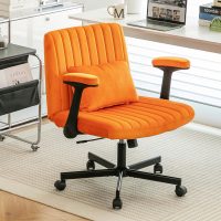 Orange Criss Cross Chair with Wheels 25.2" W Cross Legged Office Chair Ergonomic Desk Chair 360 Swivel Home Vanity Chair Adjustable Height for Living Room Bedroom Office Makeup Study (Orange+ Velvet) - Image 7