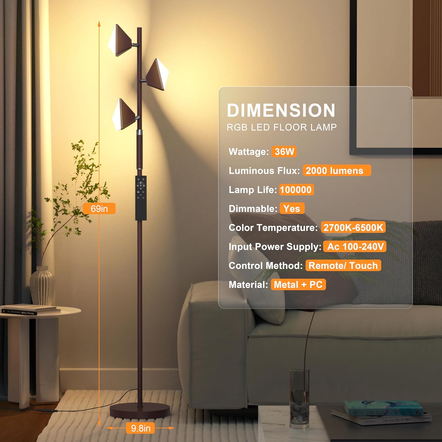 RGB Tree Floor Lamp for Living Room, Stepless Dimmable Tall Standing Lamp with Remote, Touch Control and 3 Rotatable Light, Bright LED Lights for Bedroom with 4 Color-Changing, Oil Rubbed Bronze - Image 7