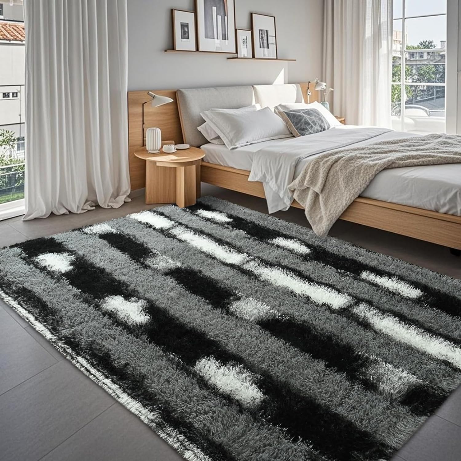 Fluffy Area Rugs for Bedroom Living Room, 4x6 Black and Grey Soft Plush Striped Rug, Modern Indoor Non Slip Washable Carpet, Furry Throw Carpets for Home Decor - Image 8