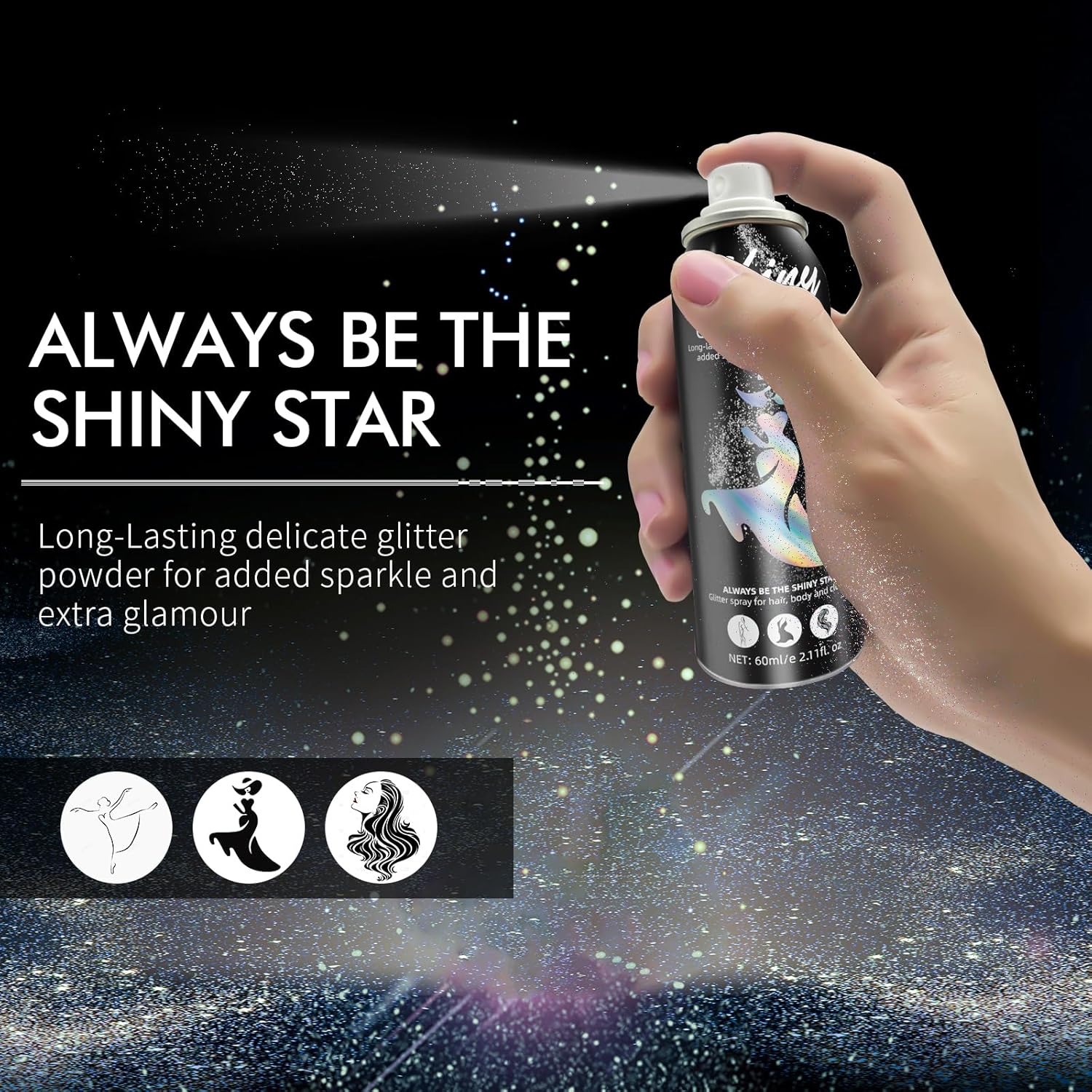 Body Glitter, Body Glitter Spray, Glitter Spray for Hair and Body, Long-Lasting and Quick-Drying Silver Glitter Hairspray Suitable for Stage, Festival Rave and Makeup Prom (2.11 Fl Oz) - Image 2