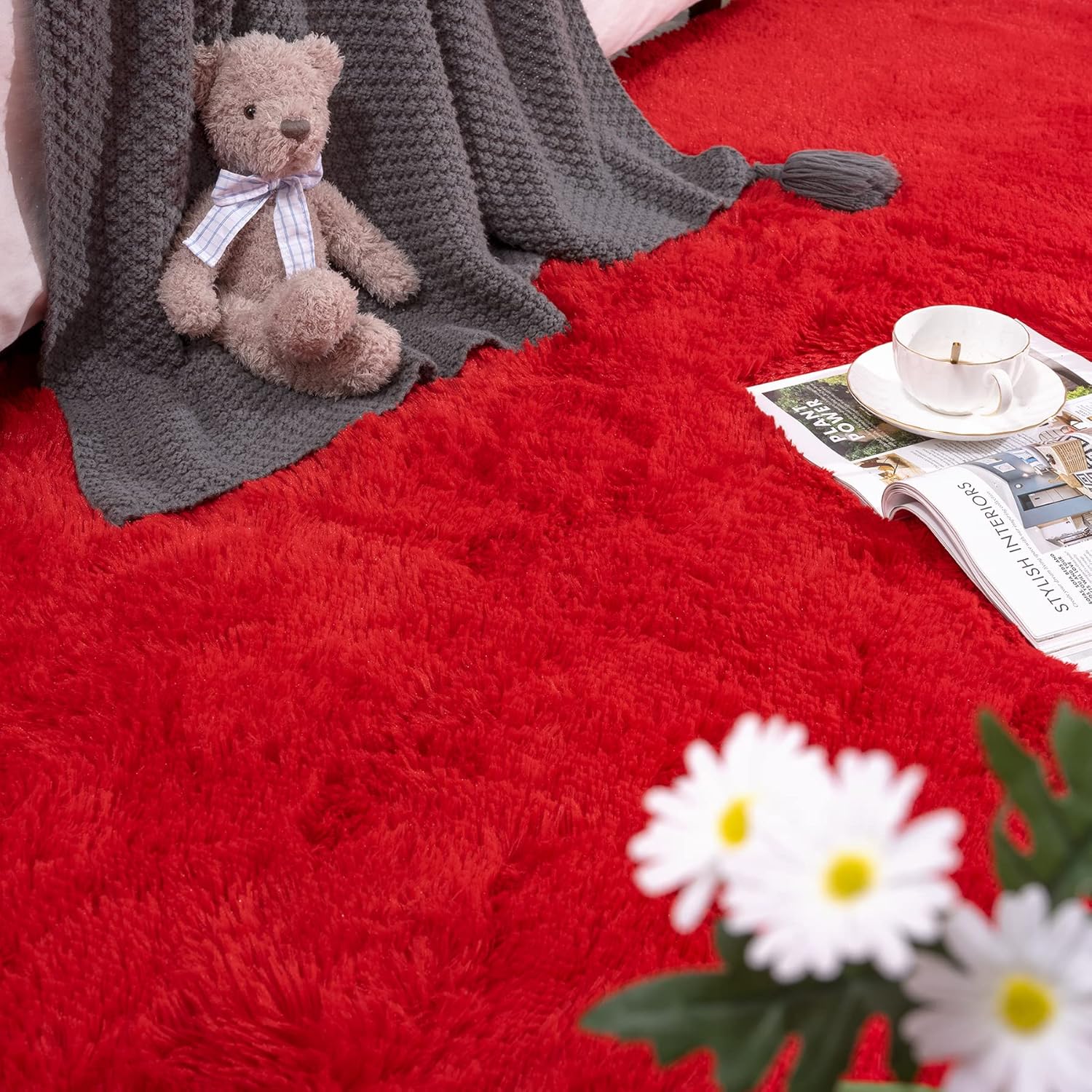 DETUM Red Rug 2x6 Feet - Fluffy Red Runner Rugs for Bedroom Shaggy 2' X 6' Living Room Rug Soft Rugs for Kids Room Non-Slip Nursery Office Dorm Washable Carpets Home Decor - Image 4