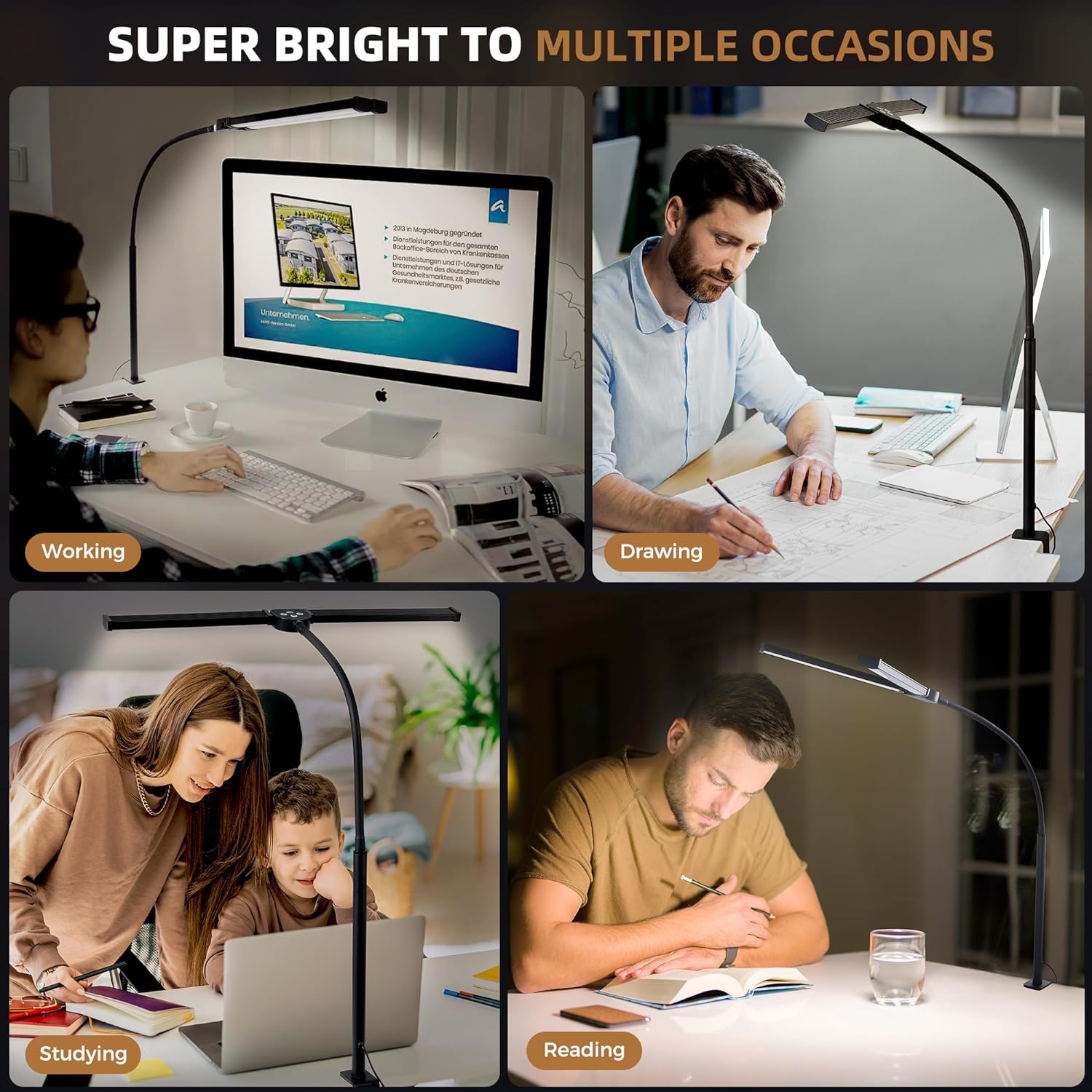 Led Desk Lamp for Home Office, Eye-Care Architect Light with Clamp, Smart Double Head Computer Monitor Table Clip Lamp, Adjustable Flexible Gooseneck, 25 Lighting Models, Task Lamp, Black - Image 6