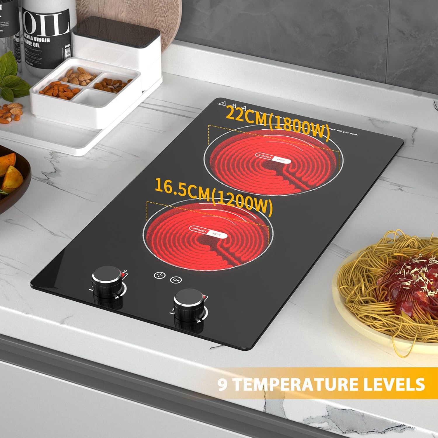 VBGK Electric Cooktop,110V 2400W Electric Stove Top with Knob Control,9 Power Levels, Kids Lock & Timer,LED touch control,Overheat Protection Electric stove,24 Inch desktop 2 burner - Image 9