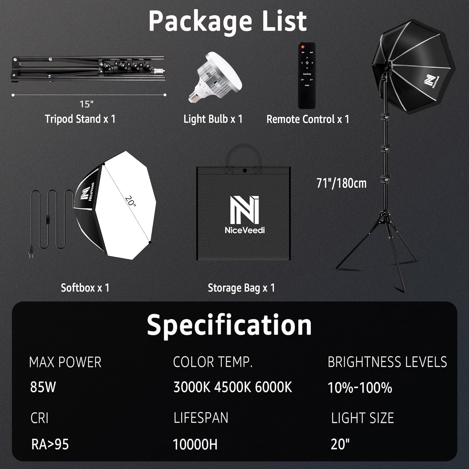 NiceVeedi Bi-Color Photography Lighting Kit, 20" Softbox Lighting Kit with 85W LED Bulbs 3000K-6000K & Remote Control, Studio Light for Photography Video Record TikTok YouTube Live Streaming - Image 8
