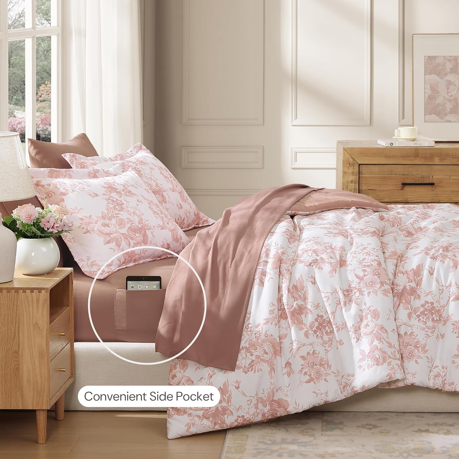 Queen Comforter Set -7 Pieces Pink Floral Comforter Set for All Seasons, Bed in a Bag Queen with Botanical Flowers Comforter, Sheets, Pillowcases & Shams - Image 3