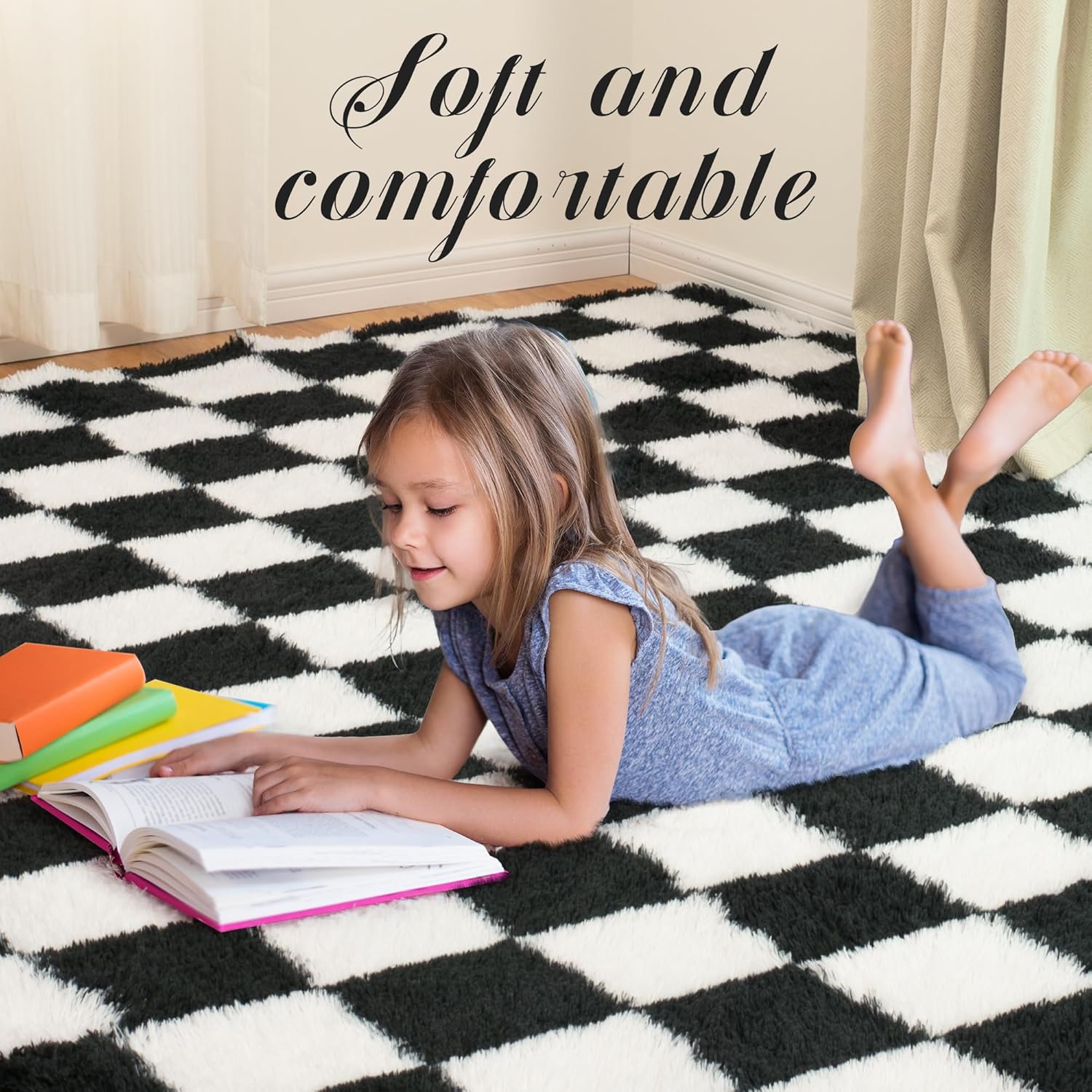 Super Soft Rug for Bedroom, 5x7 Ft Black and White Area Rug Classic Checkered Shaggy Anti-Skid High Pile Soft Fluffy Rug Fuzzy Carpet for Living Room Bedroom Kids Room Nursery, Dorm Home Decor - Image 5