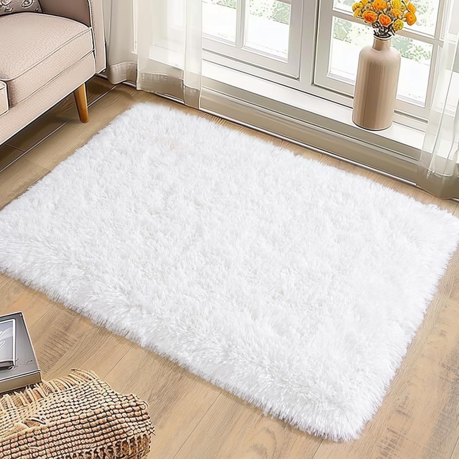 Shaggy Rugs for Bedroom Living Room Dorm Kids Room Decor, Soft Modern Indoor Fluffy Shag Area Rug, Non-Slip Fuzzy Floor Carpet 2x3 Feet, Cute Small Rectangle Plush Rug, White - Image 3