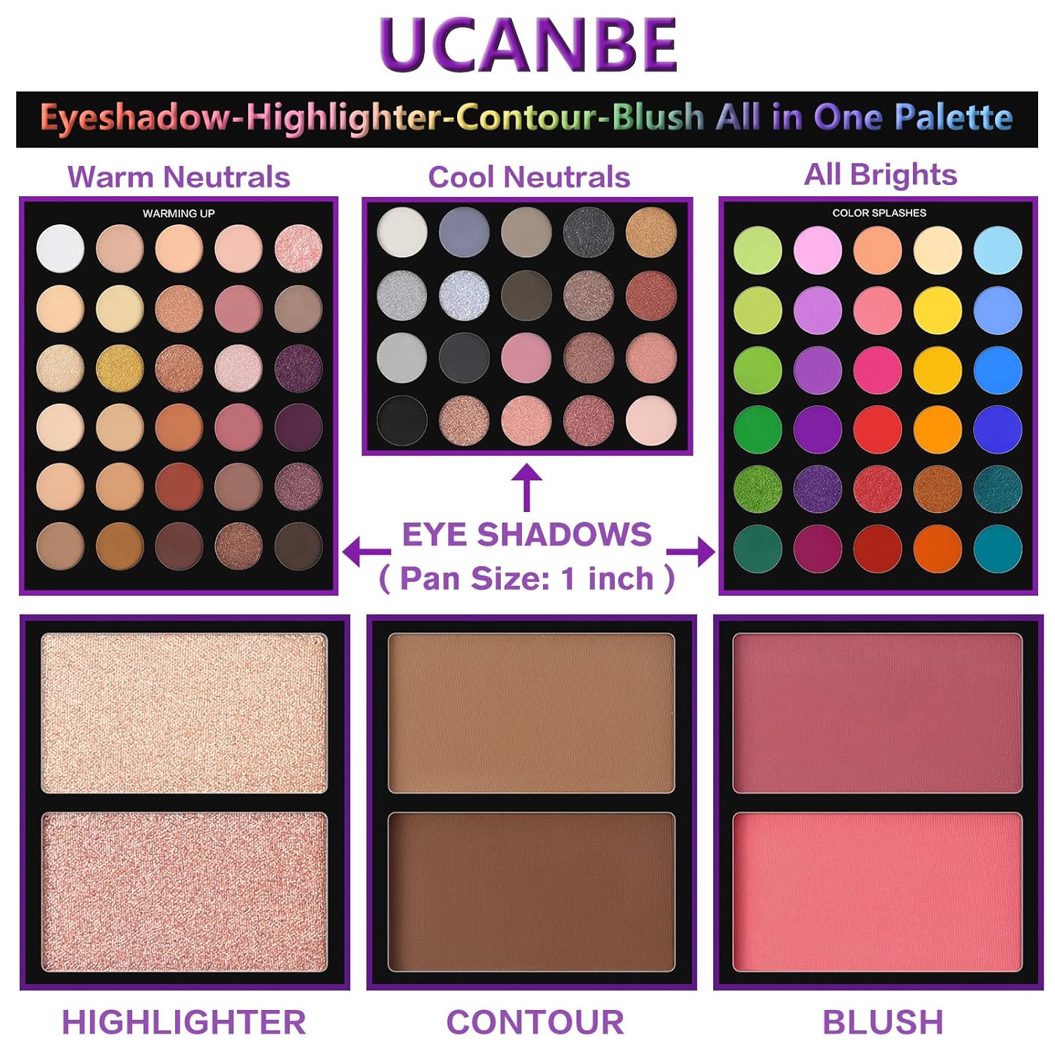 UCANBE Eyeshadow Palette with 15Pcs Brushes Makeup Set, Pigmented 86 Colors Make Up Sets Valentine's Gift, Matte Shimmer Glitter Eye Shadow Pallet Highlighter Contour Blush Powder Brush Beauty Kit - Image 3