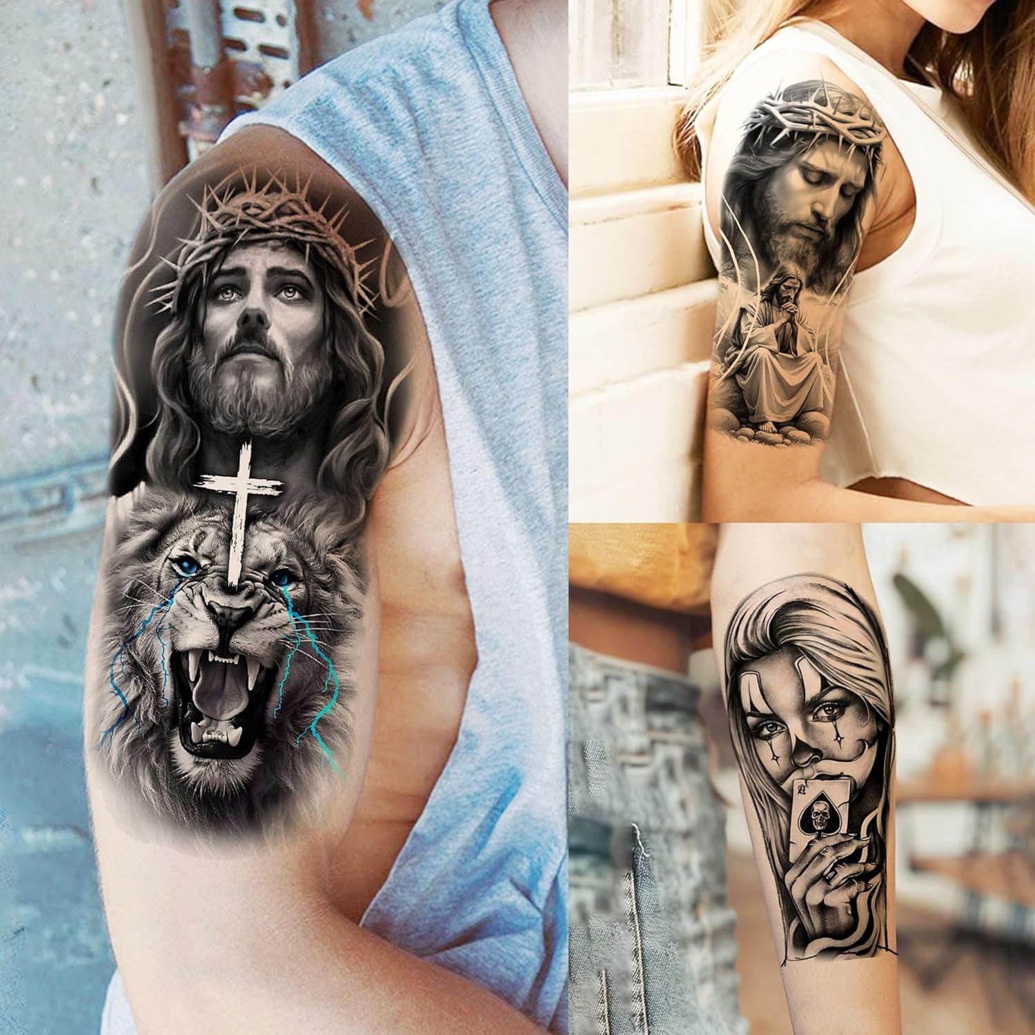 73 Sheets Halloween Chicano Temporary Tattoos For Women Men Adults Cholo Chola, Our Lady of Guadalupe Tattoo Stickers Religion, Chicana Gangster Prisoner Mexico Culture Joker Fake Tattoo Jesus Christ - Image 3