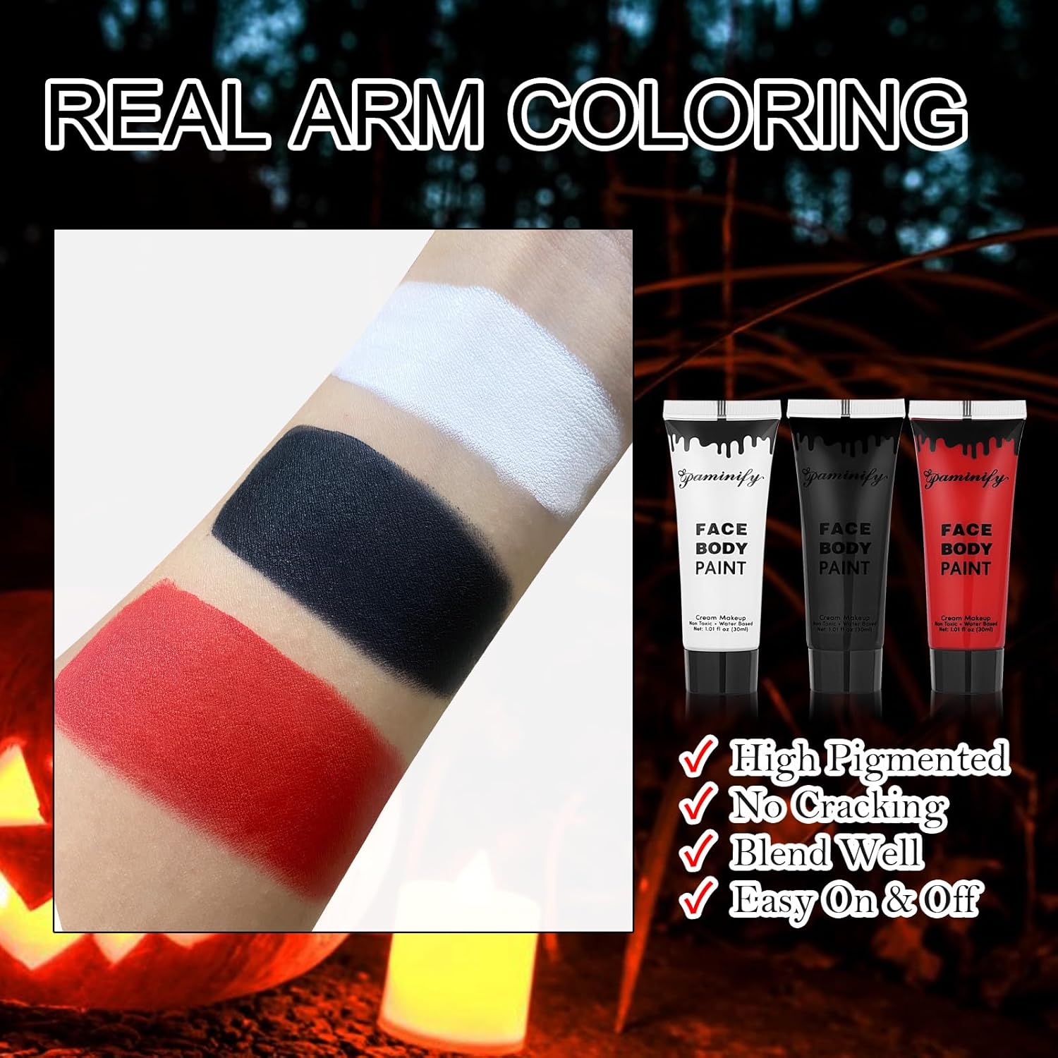 Black White Red Face Body Paint 1.01 oz/pc with 3 Sponges,Water Based Face Paint Kit for Clown Joker Devil Vampire Skeleton Cosplay Makeup,Halloween SFX Makeup Cream Face Painting,3.03 oz - Image 3