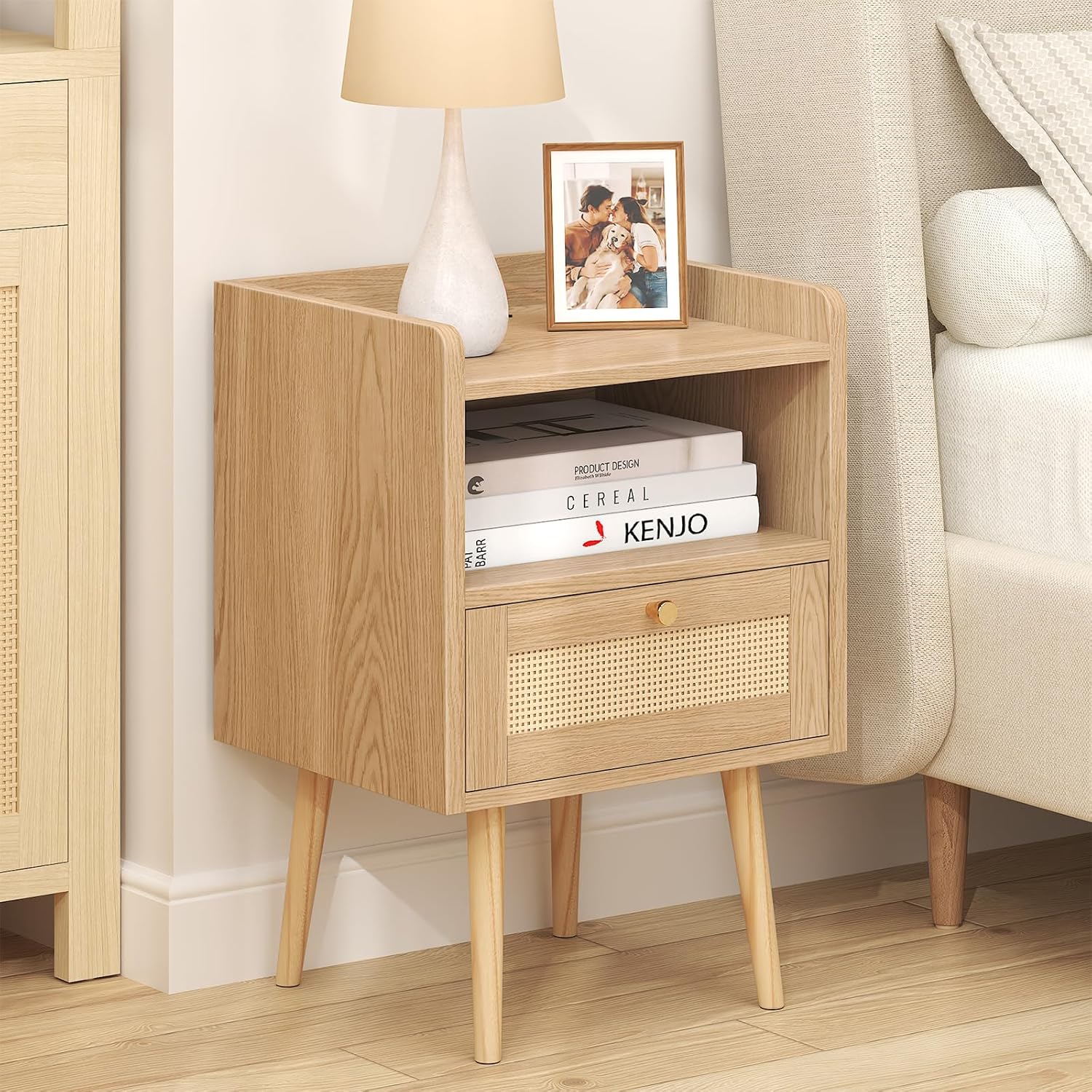 Night stand Set of 2, Bedside Tables with Charging Station, Rattan End Tables, Boho Bed Side Tables, Wood Nightstands set of 2 for Kids' Room Farmhouse Bedroom Living Room Dorm Sofa Couch (Natural) - Image 2