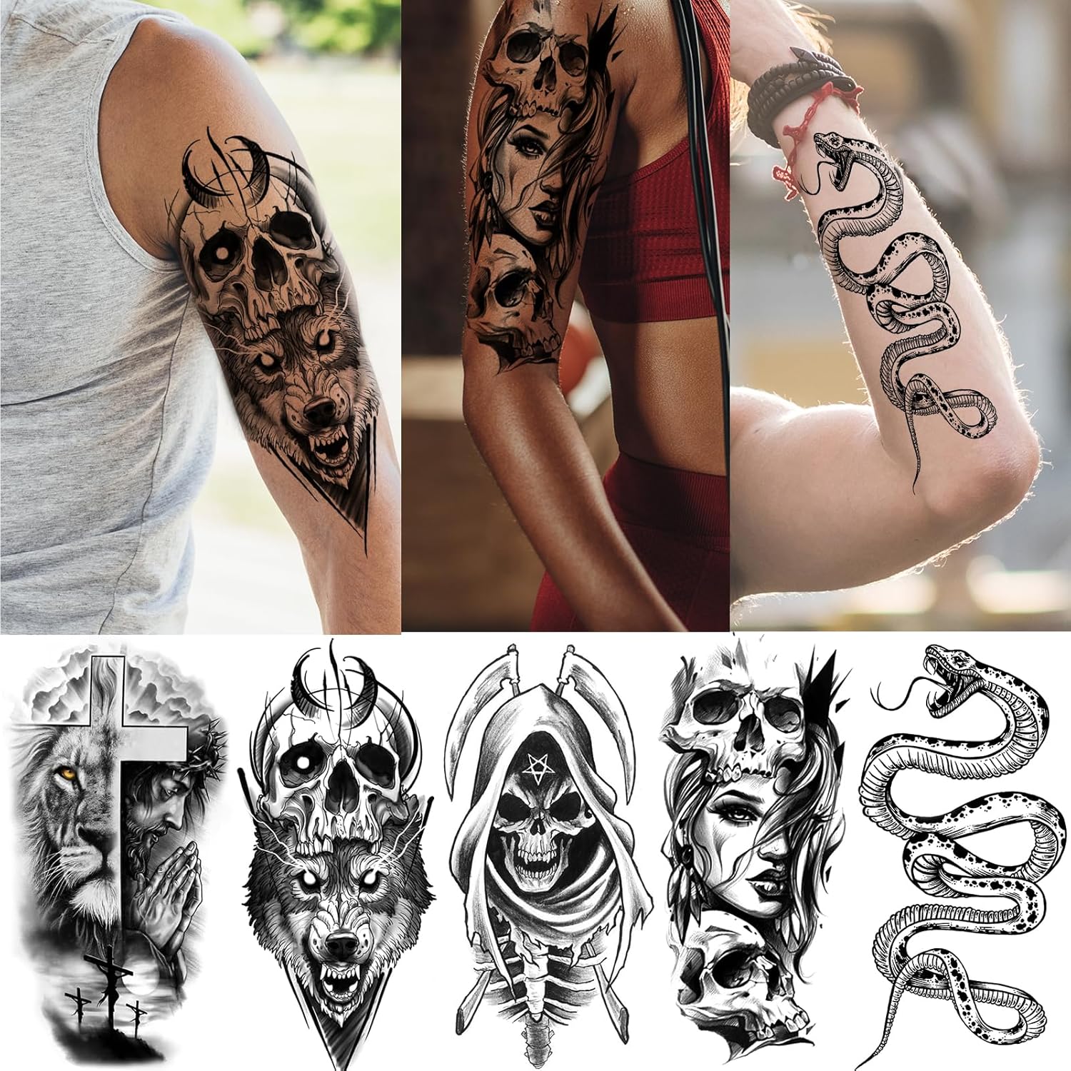 52 Sheets Black Halloween Temporary Tattoos for Kids Men Women, Include 10 Sheets Large Half Arm Sleeve Fake Tattoos, 200+ PCS Spider Snake Tiger Lion Skull Bat Vampire Scar Halloween Tattoos - Image 3