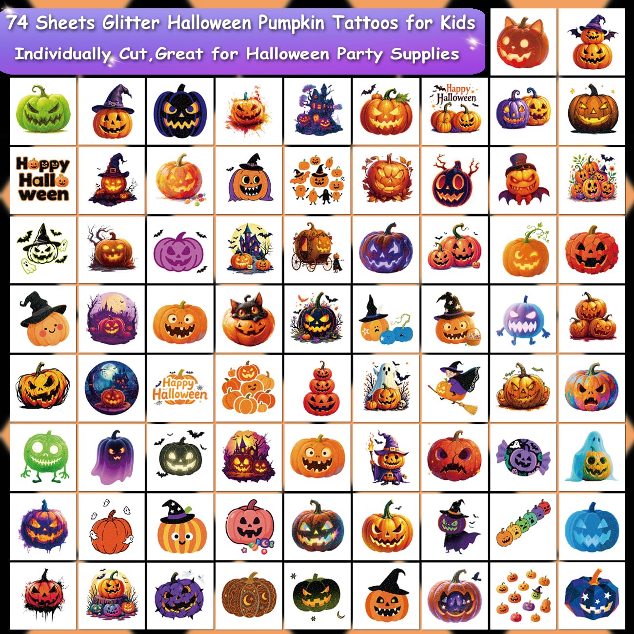 Glitter Halloween Pumpkin Temporary Tattoos for Kids - 74 Individually Sheets Pumpkin Tattoo Stickers for Kids Halloween Party Favors Treats Goodie Bag Fillers - Image 2
