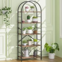 Shintenchi Bookshelf, Arched Bookshelf 5 Tier Bookcase, Tall Shelf for CDs/Books, Home Office Shelf Storage Organizer, Modern Book Shelf for Bedroom/Living Room, Rustic Brown - Image 9