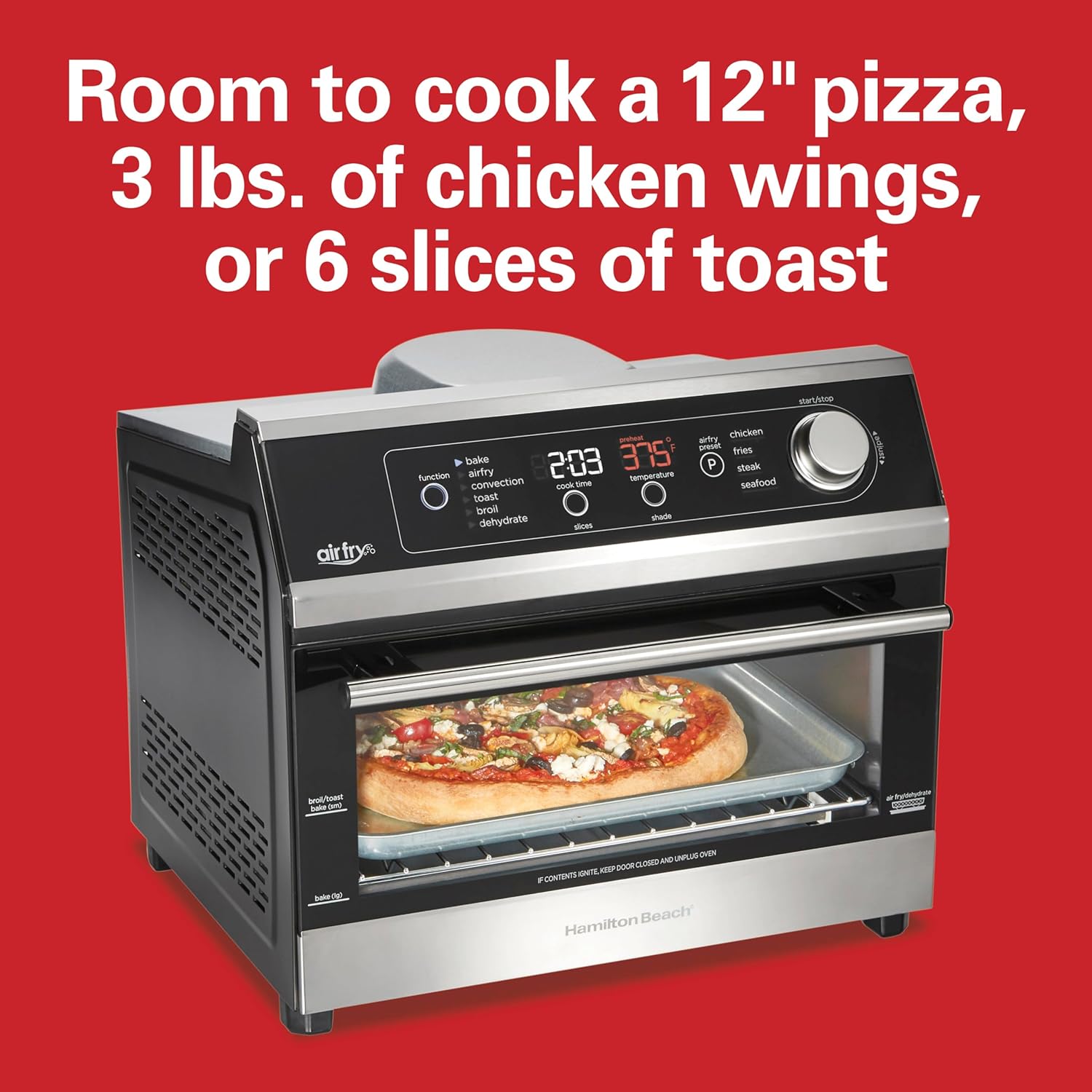 Hamilton Beach Digital Air Fryer Toaster Oven Combo, 10 Ways to Cook, 4 Preset Functions, Stay On & 1800 Watts, LED Capacitive-Touch Controls, 2 Rack Positions, Fits 12” Pizza, Black & Stainless Steel - Image 5
