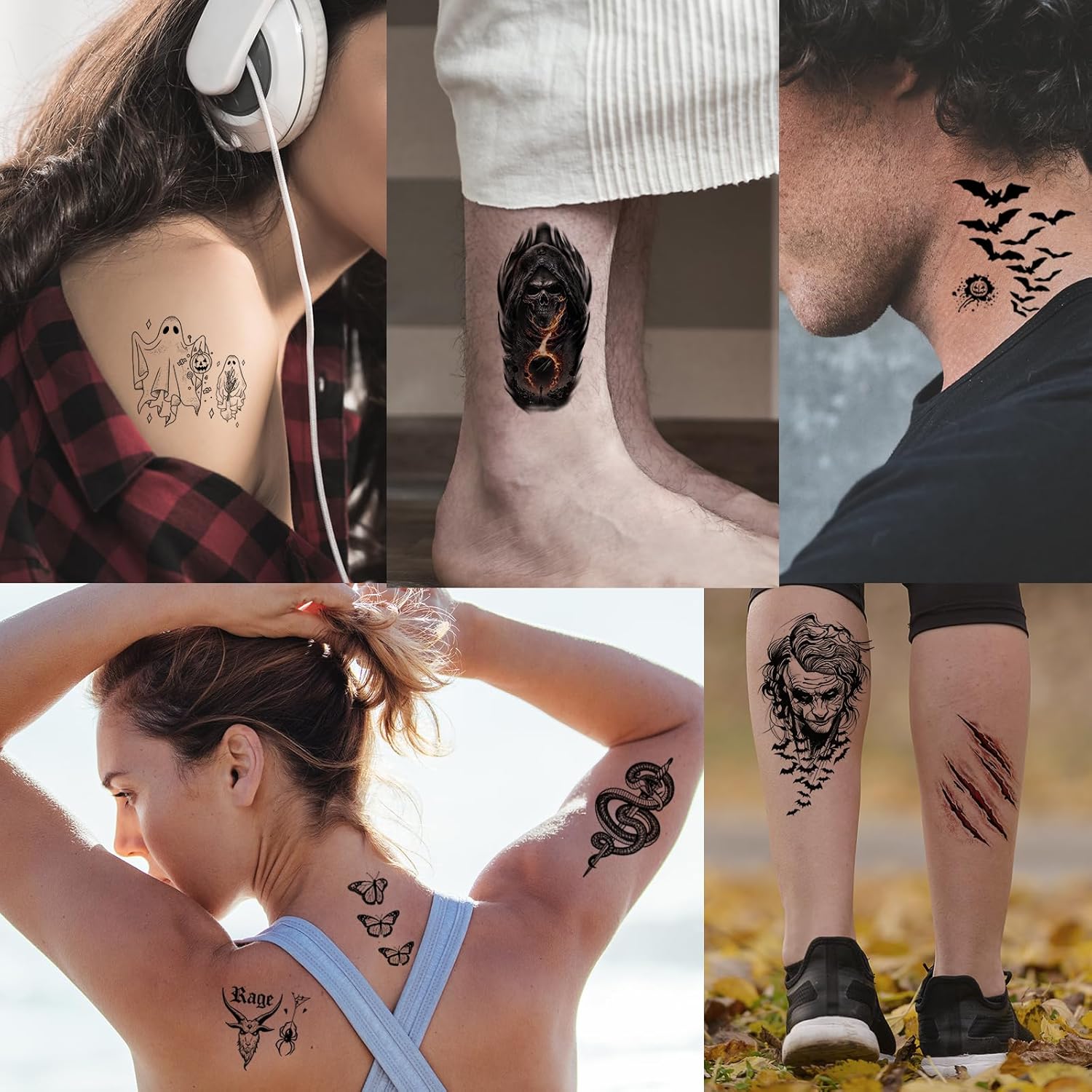 52 Sheets Black Halloween Temporary Tattoos for Kids Men Women, Include 10 Sheets Large Half Arm Sleeve Fake Tattoos, 200+ PCS Spider Snake Tiger Lion Skull Bat Vampire Scar Halloween Tattoos - Image 6