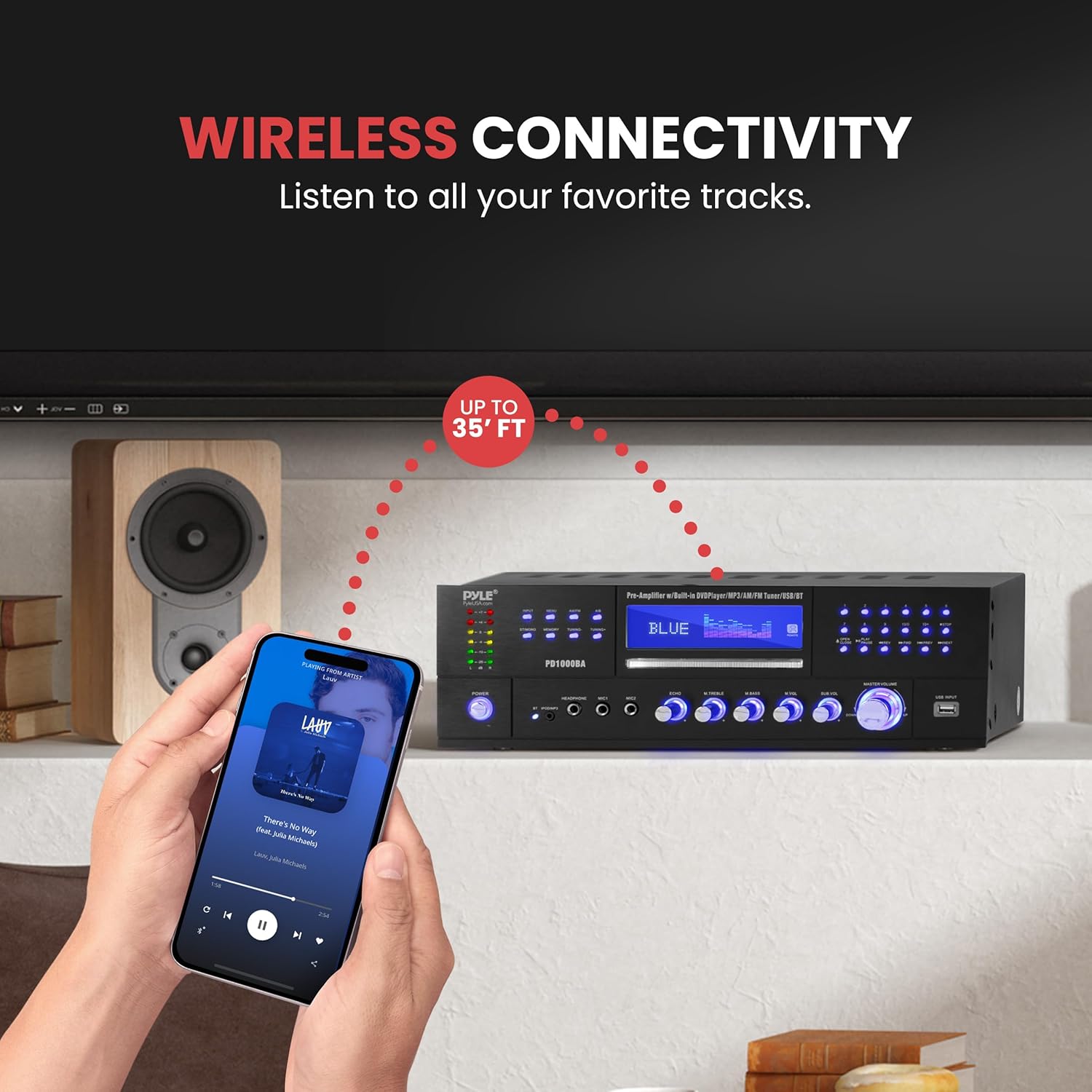 Pyle 4-Channel Wireless Bluetooth Power Amplifier - 1000W Stereo Speaker Home Audio Receiver w/ FM Radio, USB, Headphone, 2 Microphone w/ Echo, Front Loading CD DVD Player, LED, Rack Mount - PD1000BA - Image 5