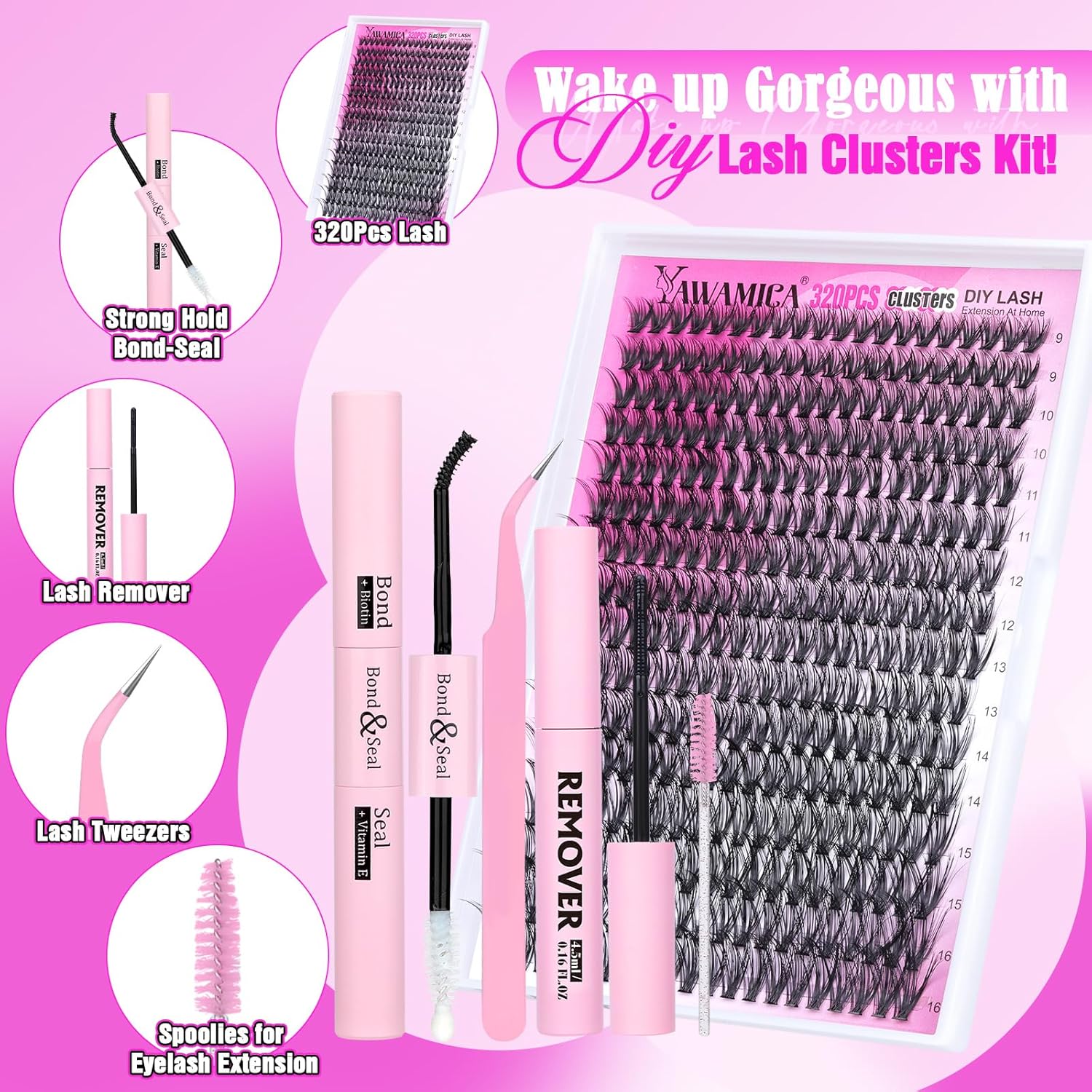 Eyelash Extension Kit 320pcs Lash Clusters D Curly 9-16mm Mix 40D Individual Lashes Wispy Lash Clusters Kit with Lash Bond and Seal and Remover Lash Applicator for Lash Extension Beginners - Image 2
