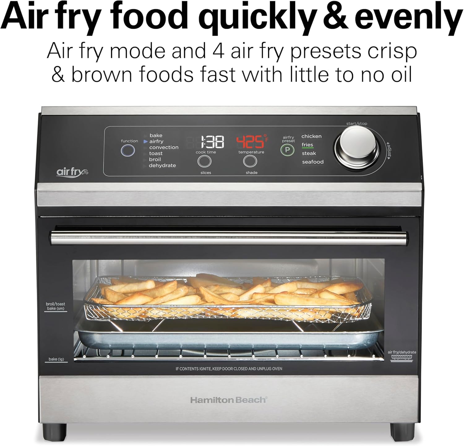 Hamilton Beach Digital Air Fryer Toaster Oven Combo, 10 Ways to Cook, 4 Preset Functions, Stay On & 1800 Watts, LED Capacitive-Touch Controls, 2 Rack Positions, Fits 12” Pizza, Black & Stainless Steel - Image 4