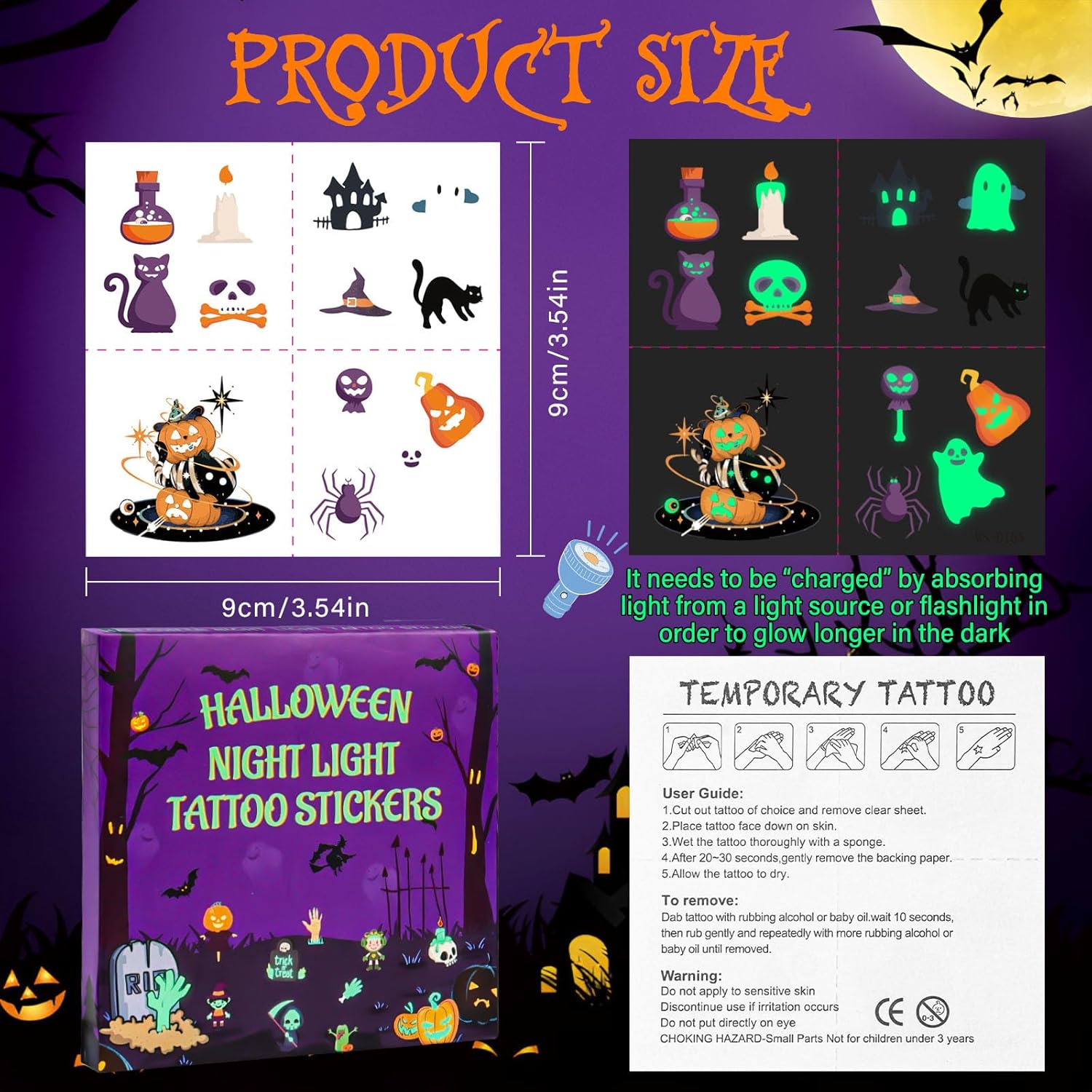Halloween Tattoos for Kids, 35 Sheets 350+ Fun Style, Glow in the Dark Temporary Tattoos for Boys and Girls Featuring Theme Pumpkin, Skulls, Ghost, Bats, Spider, Skeleton etc, Halloween Gifts for Kids - Image 7
